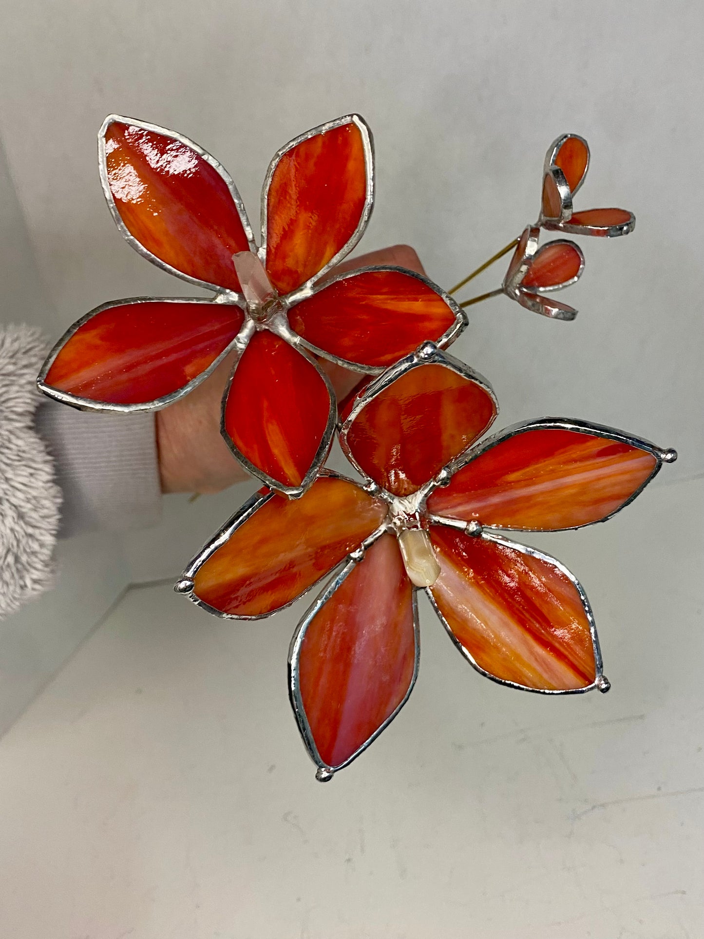 Carnelian Orange Plant Stakes by Hip Chick Glass | Stained Glass Flower Bouquet, Glass Flowers with Quartz Crystals on a Stem, Handmade Home Decor, Wedding Bouquet Keepsake, Tabletop Decor