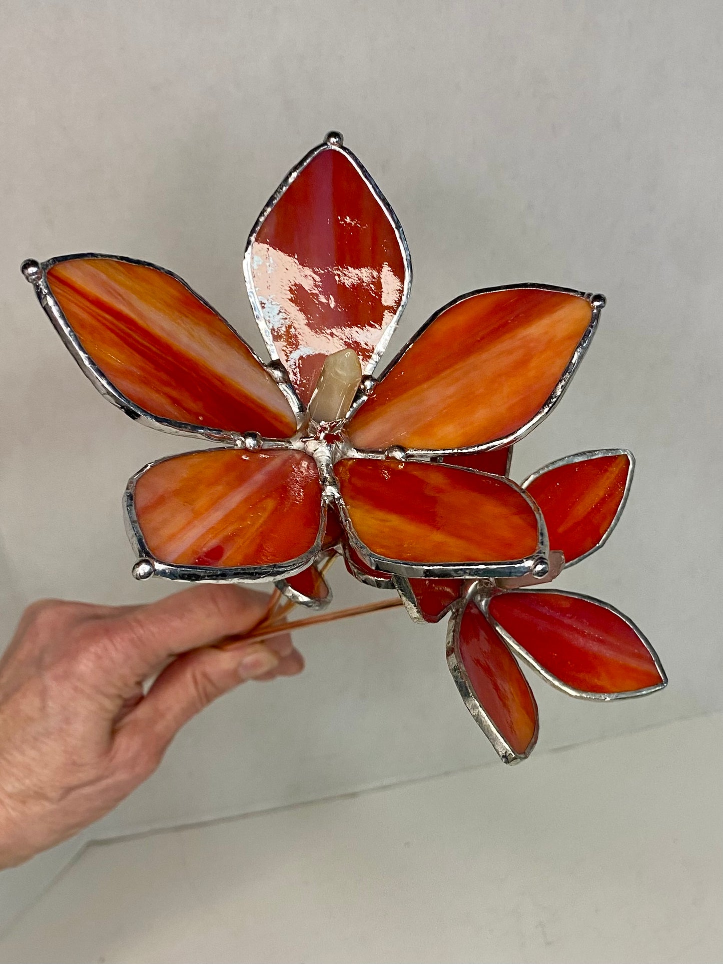 Carnelian Orange Plant Stakes by Hip Chick Glass | Stained Glass Flower Bouquet, Glass Flowers with Quartz Crystals on a Stem, Handmade Home Decor, Wedding Bouquet Keepsake, Tabletop Decor