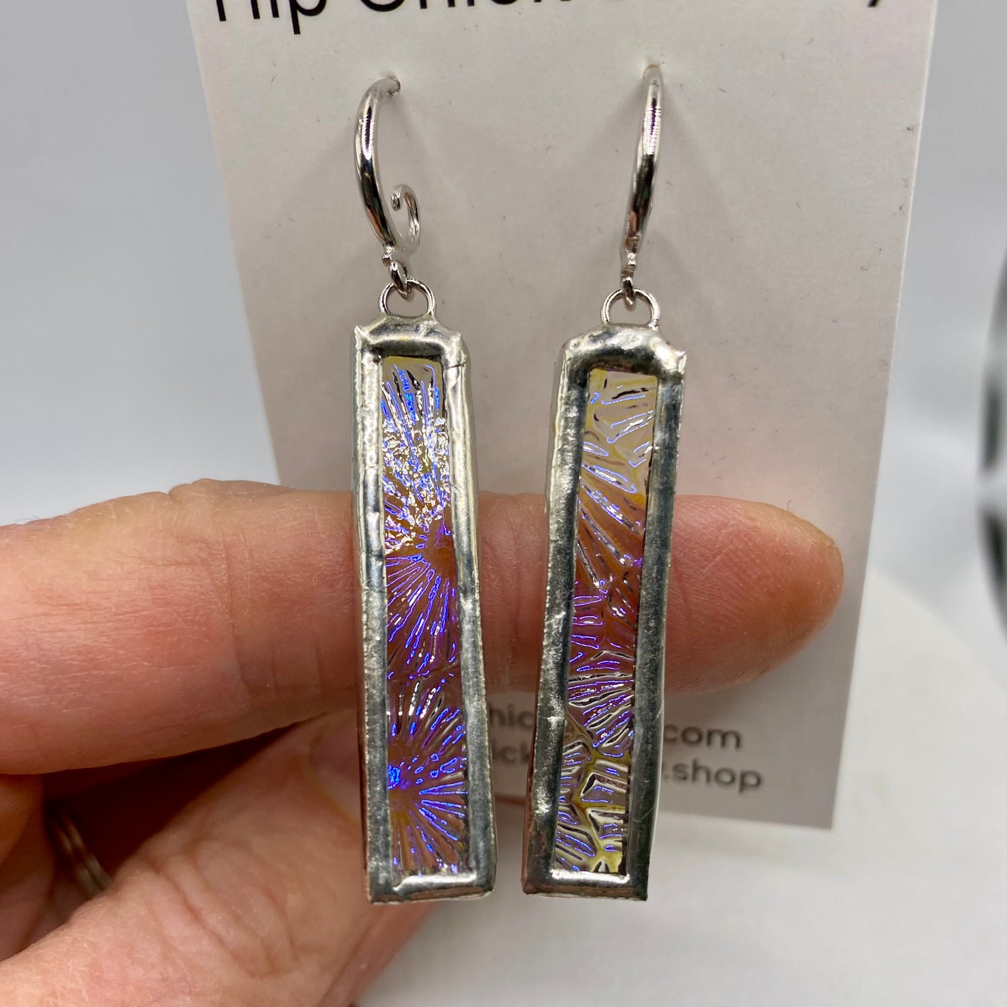 Snowflake Stick Earrings | Stained Glass Earrings by Hip Chick Glass, Stained Glass Dangle Drop Earrings, Stained Glass Earrings