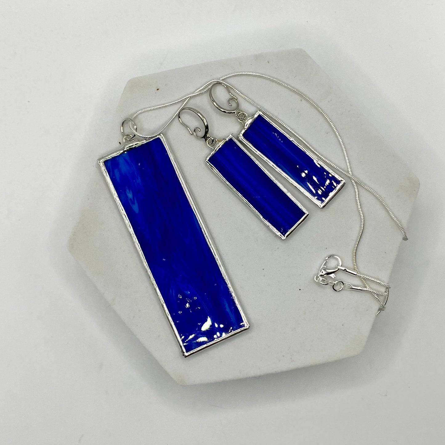Dark Blue Rectangle Stained Glass Jewelry Set by Hip Chick Glass, Stained Glass Necklace Stained Glass Earrings