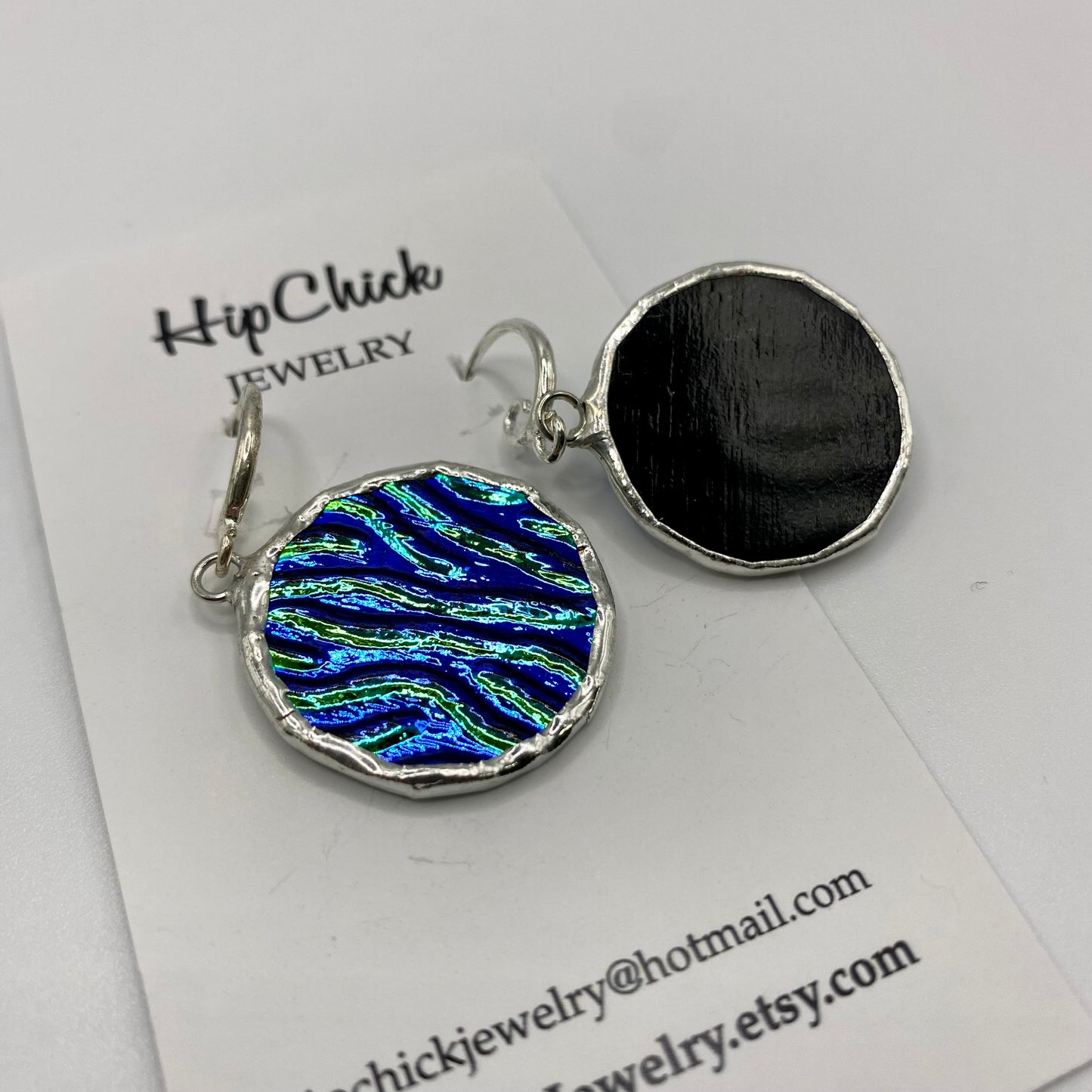 Blue Circular Earrings | Stained Glass Earrings by Hip Chick Glass, Stained Glass Dangle Drop Earrings, Stained Glass Earrings