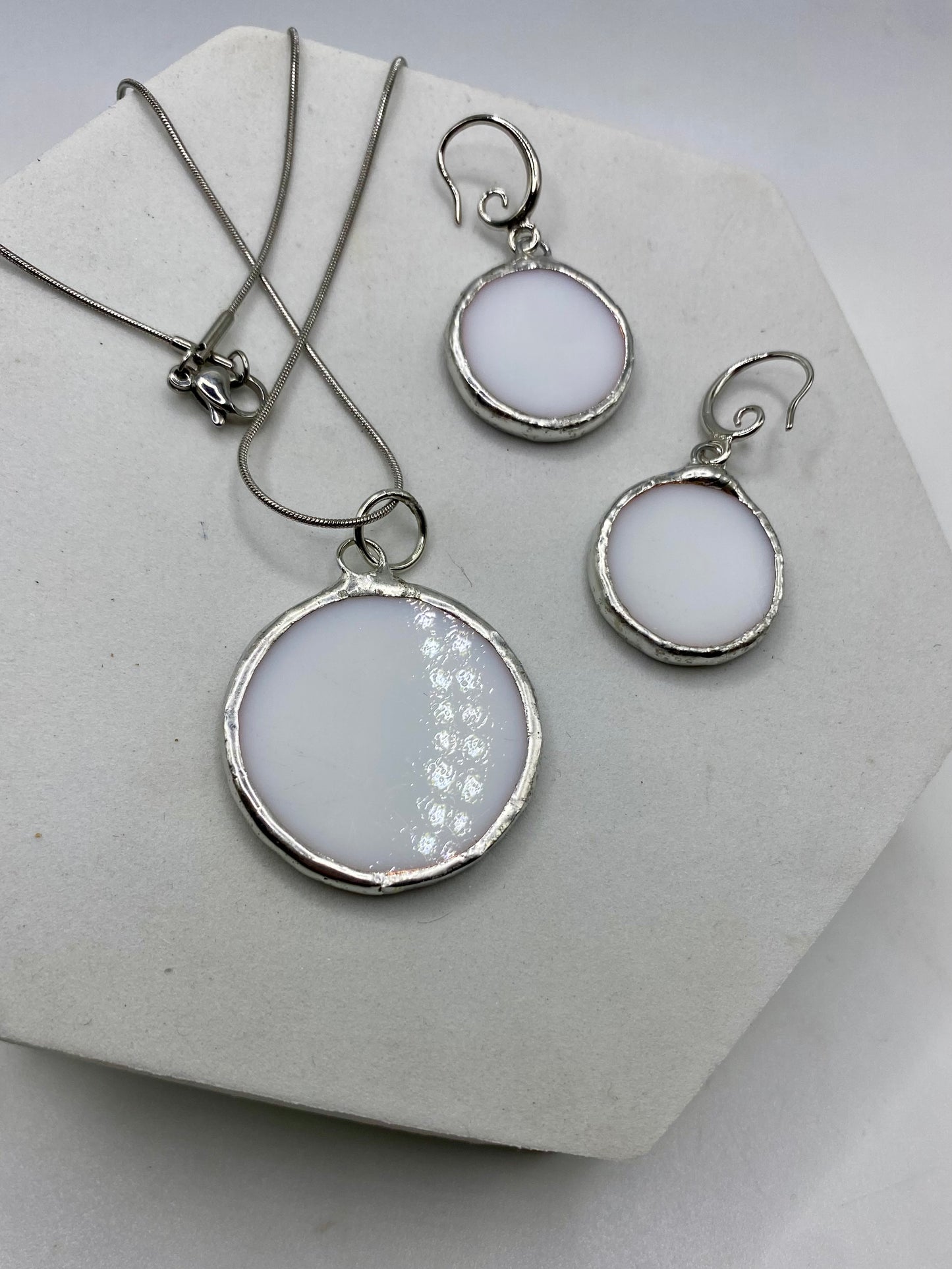 CUSTOM TRACY S | White Circles Stained Glass Jewelry Set by Hip Chick Glass, Stained Glass Necklace Stained Glass Earrings