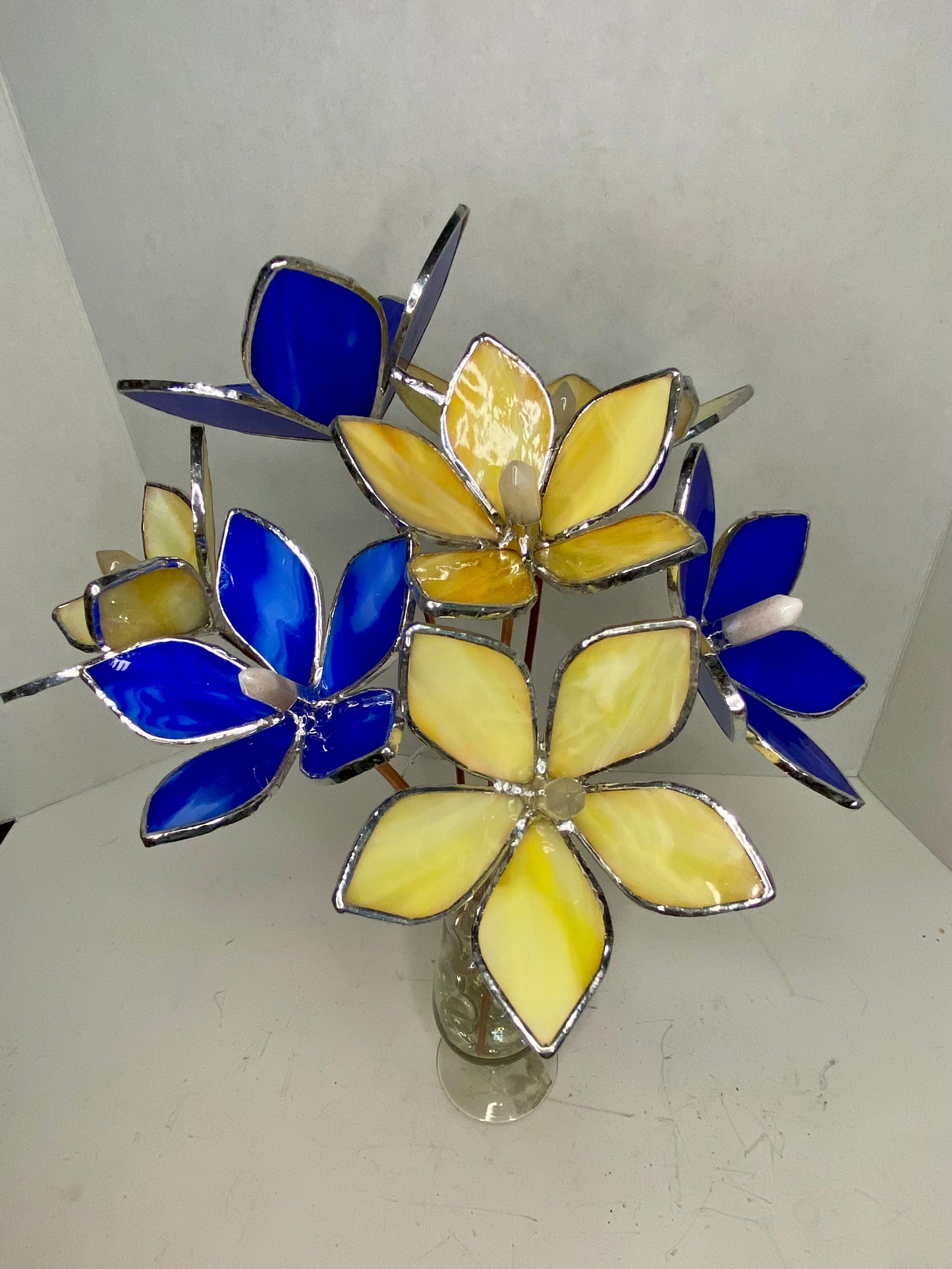 Yellow & Blue Stained Glass Flower Bouquet by Hip Chick Glass, Glass Flowers with Quartz Crystals on a Stem, Handmade Home Decor, Wedding Bouquet Keepsake, Tabletop Decor