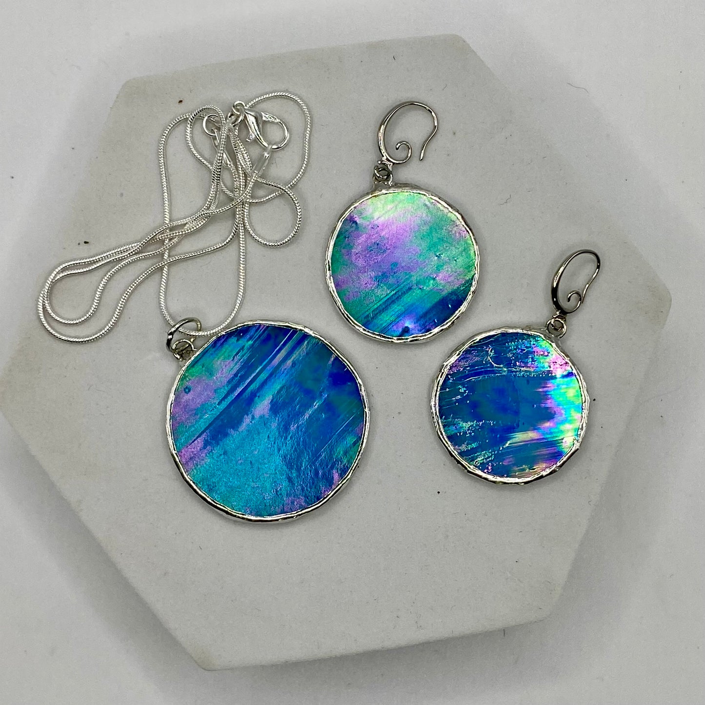 Light Blue Circle Stained Glass Jewelry Set by Hip Chick Glass, Stained Glass Necklace Stained Glass Earrings