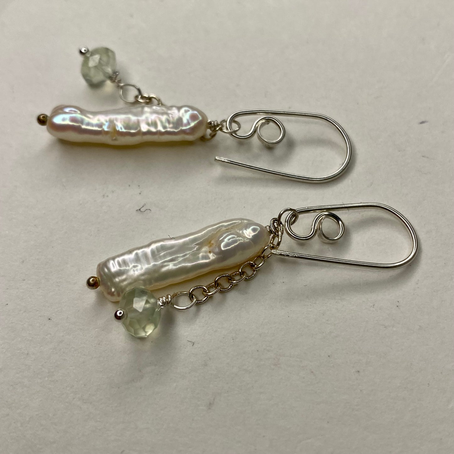 Pearl & Prehnite Double Drop Earrings by Hip Chick Glass, Sterling Silver Earrings, Handmade Gemstone Jewelry, June Birthstone Gift