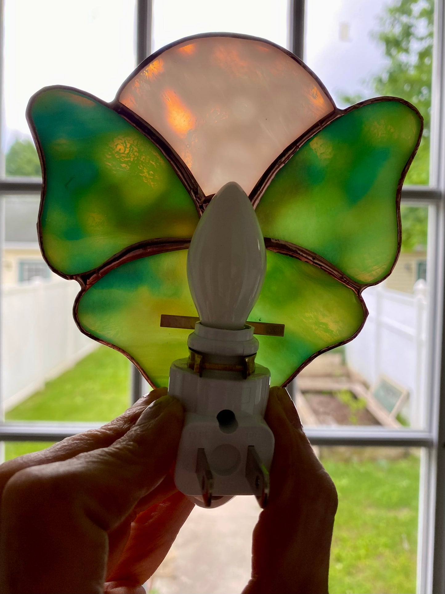 Green Butterfly Nightlightwith Smoky Quartz under a white moon | Gretchen Shutt | Hip Chick Glass, LLC