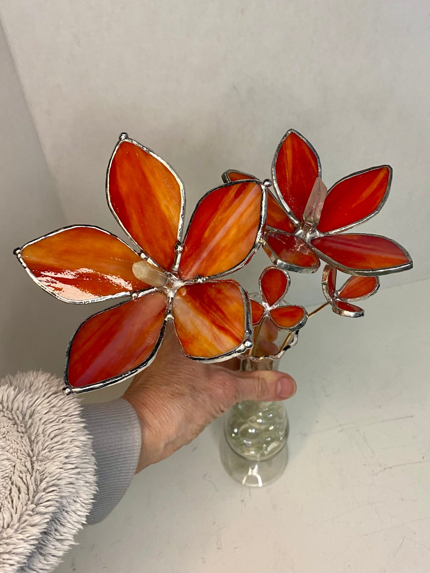 Carnelian Orange Plant Stakes by Hip Chick Glass | Stained Glass Flower Bouquet, Glass Flowers with Quartz Crystals on a Stem, Handmade Home Decor, Wedding Bouquet Keepsake, Tabletop Decor
