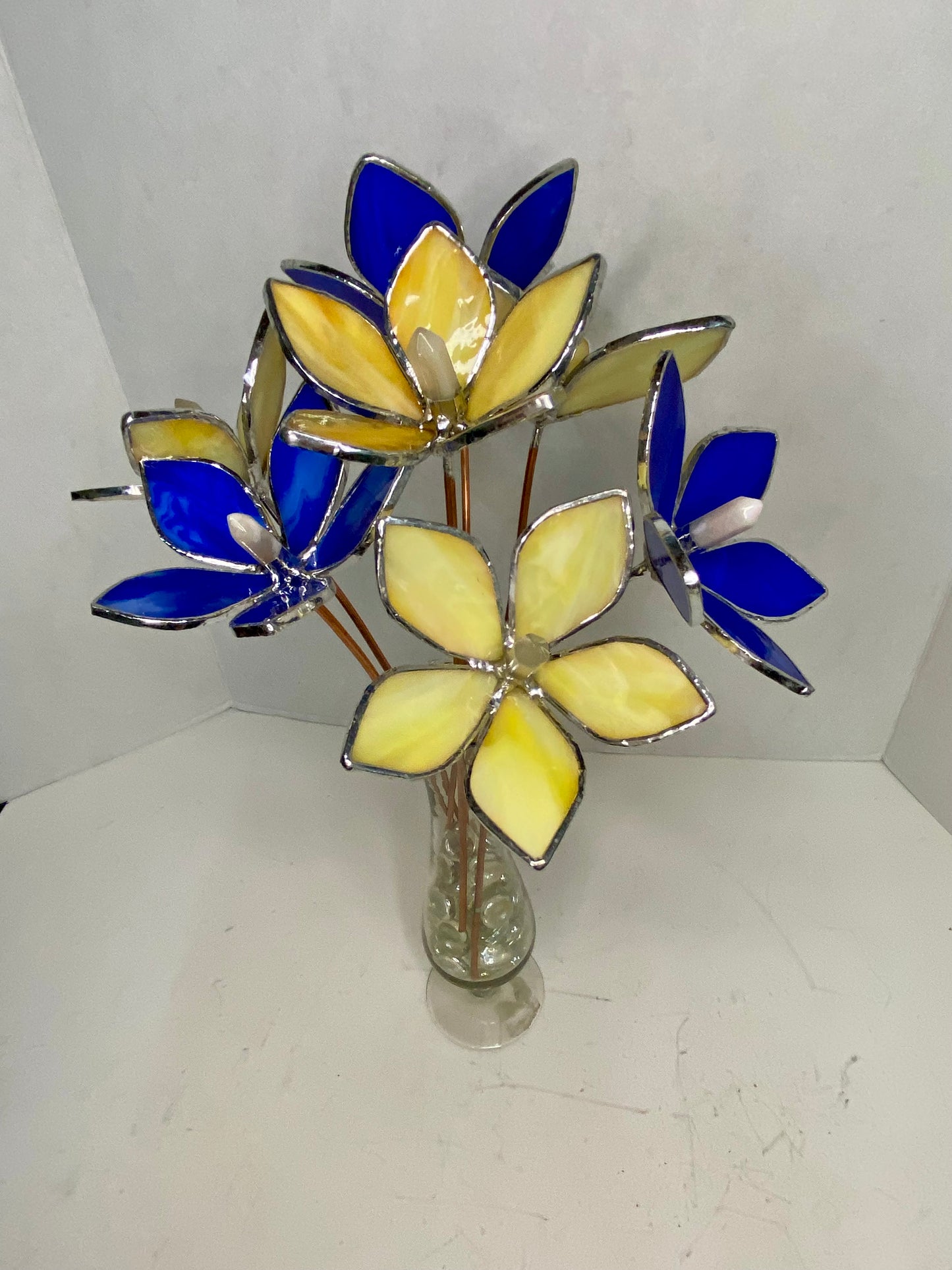 Yellow & Blue Stained Glass Flower Bouquet by Hip Chick Glass, Glass Flowers with Quartz Crystals on a Stem, Handmade Home Decor, Wedding Bouquet Keepsake, Tabletop Decor
