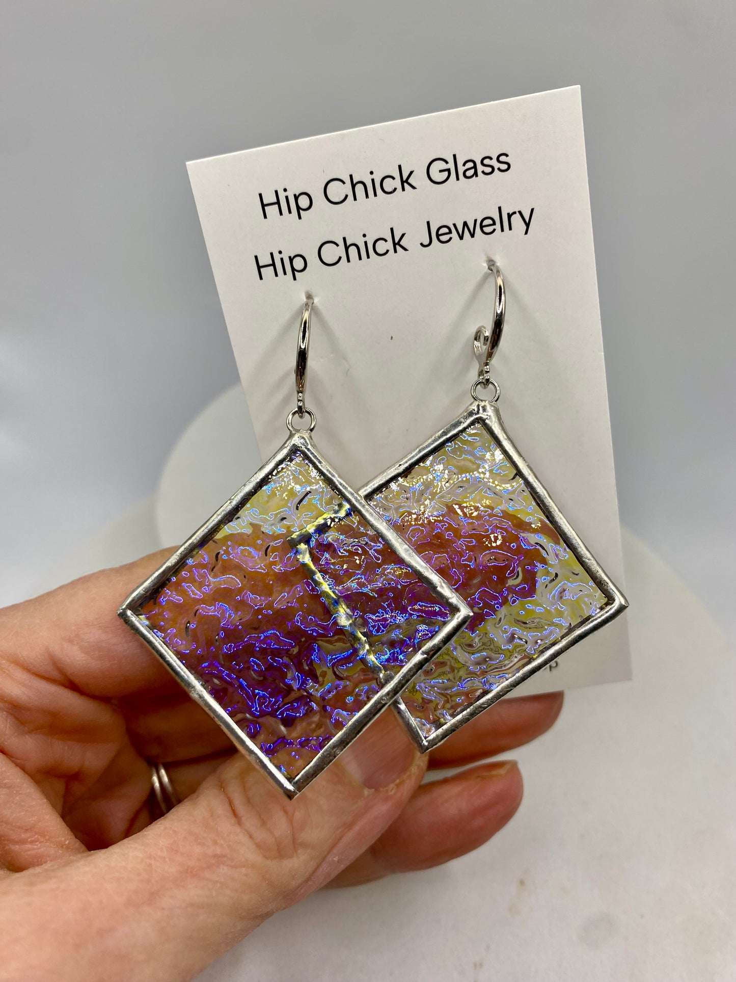 Blue Crinkle Square Earrings | Stained Glass Earrings by Hip Chick Glass, Stained Glass Dangle Drop Earrings, Stained Glass Earrings