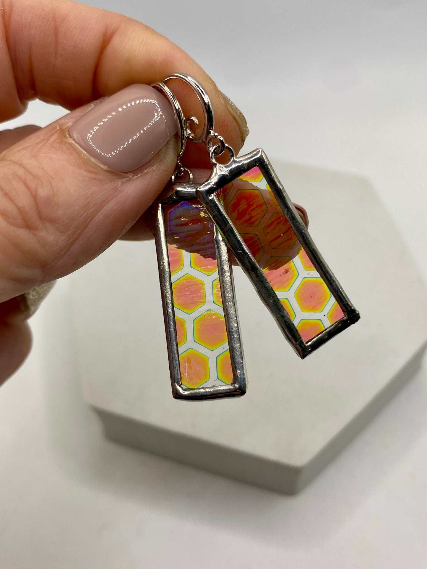 Honeycomb Rectangle Earrings | Stained Glass Earrings by Hip Chick Glass, Iridescent Statement Earrings, Geometric Earrings