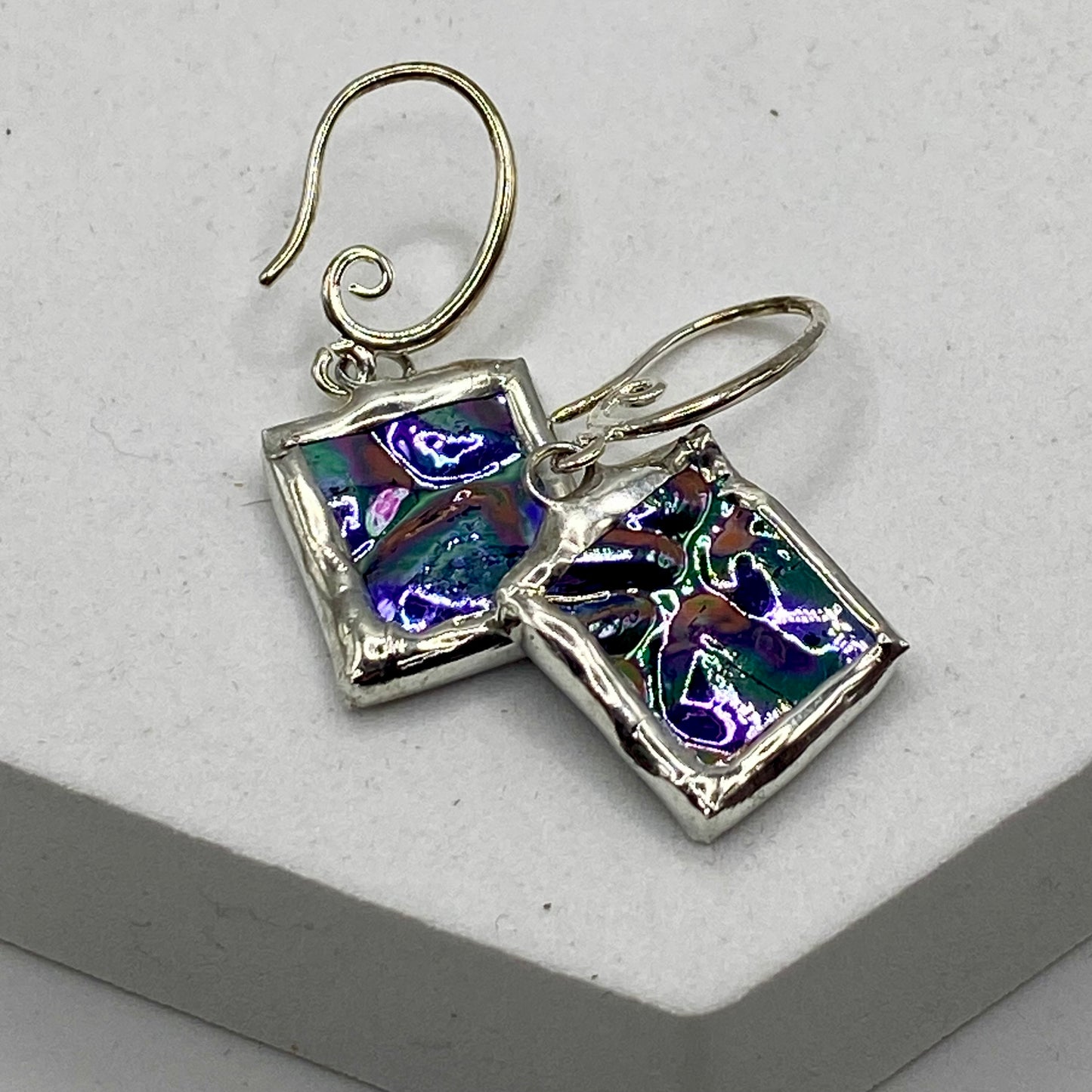 Blue Square Earrings | Stained Glass Earrings by Hip Chick Glass, Stained Glass Dangle Drop Earrings, Stained Glass Earrings