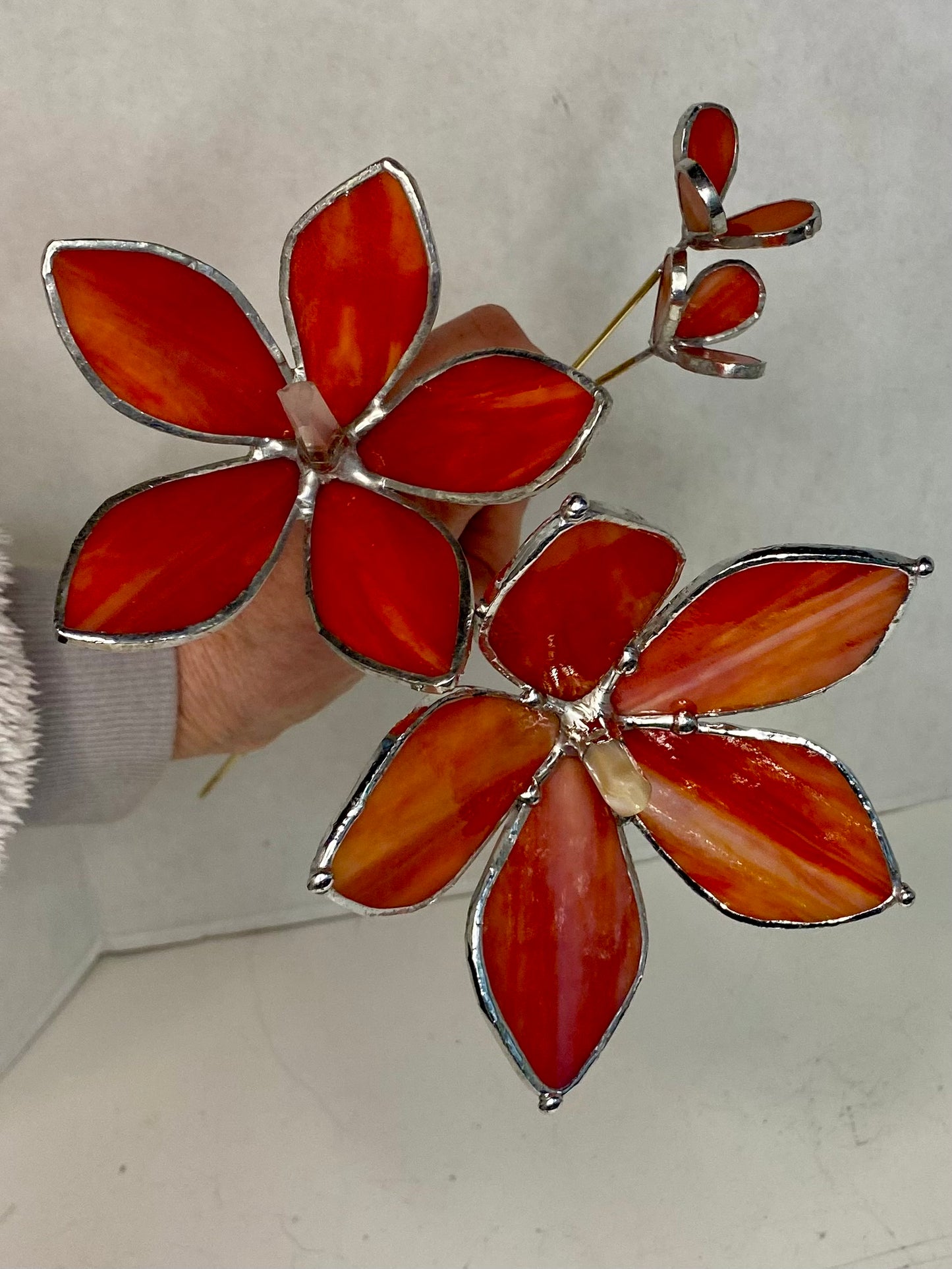 Carnelian Orange Plant Stakes by Hip Chick Glass | Stained Glass Flower Bouquet, Glass Flowers with Quartz Crystals on a Stem, Handmade Home Decor, Wedding Bouquet Keepsake, Tabletop Decor