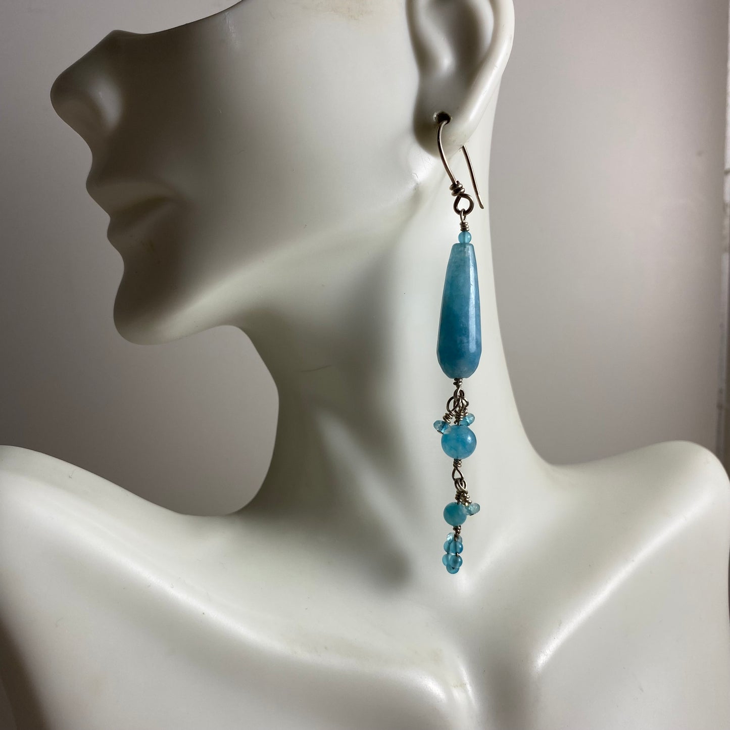 Long Aquamarine & Angelite Dangle Earrings by Hip Chick Glass, Sterling Silver Earrings, Handmade Gemstone Jewelry, March Birthstone Gift