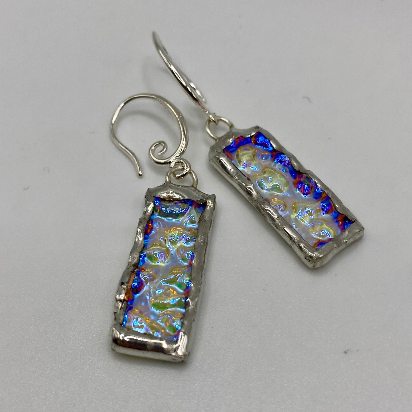 Iridescent Rectangle Earrings | Stained Glass Earrings by Hip Chick Glass, Stained Glass Dangle Drop Earrings, Stained Glass Earrings