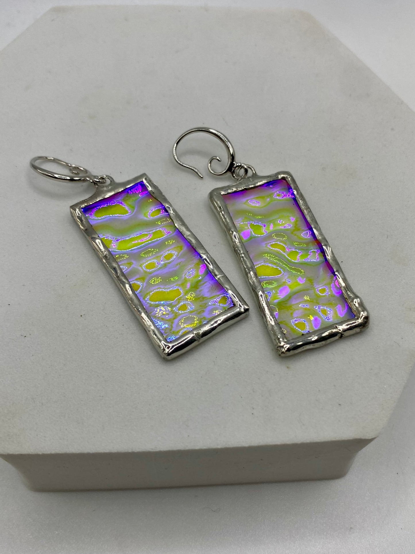 Larger Purple & Clear Wavy Rectangle Earrings | Stained Glass Earrings by Hip Chick Glass, Iridescent Statement Earrings, Geometric Earrings