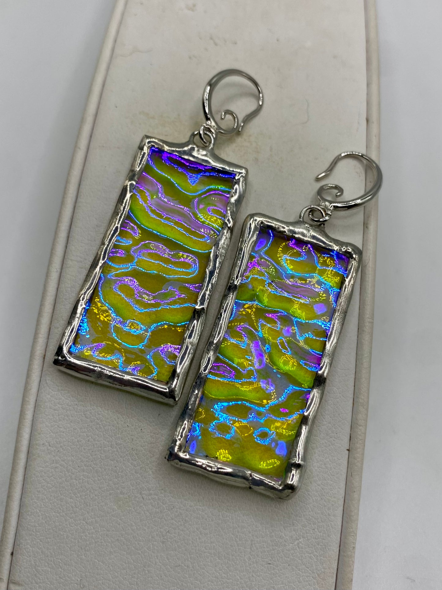 Larger Purple & Clear Wavy Rectangle Earrings | Stained Glass Earrings by Hip Chick Glass, Iridescent Statement Earrings, Geometric Earrings