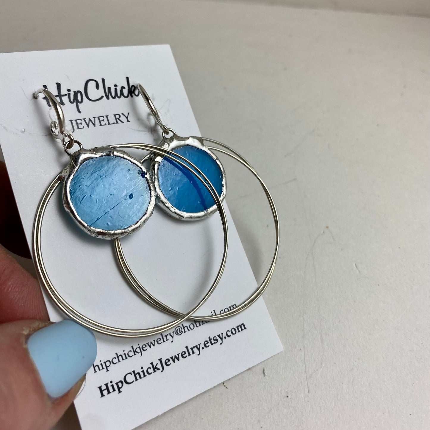 Blue Circle Hoop Earrings | Stained Glass Earrings by Hip Chick Glass, Stained Glass Dangle Drop Earrings, Stained Glass Earrings
