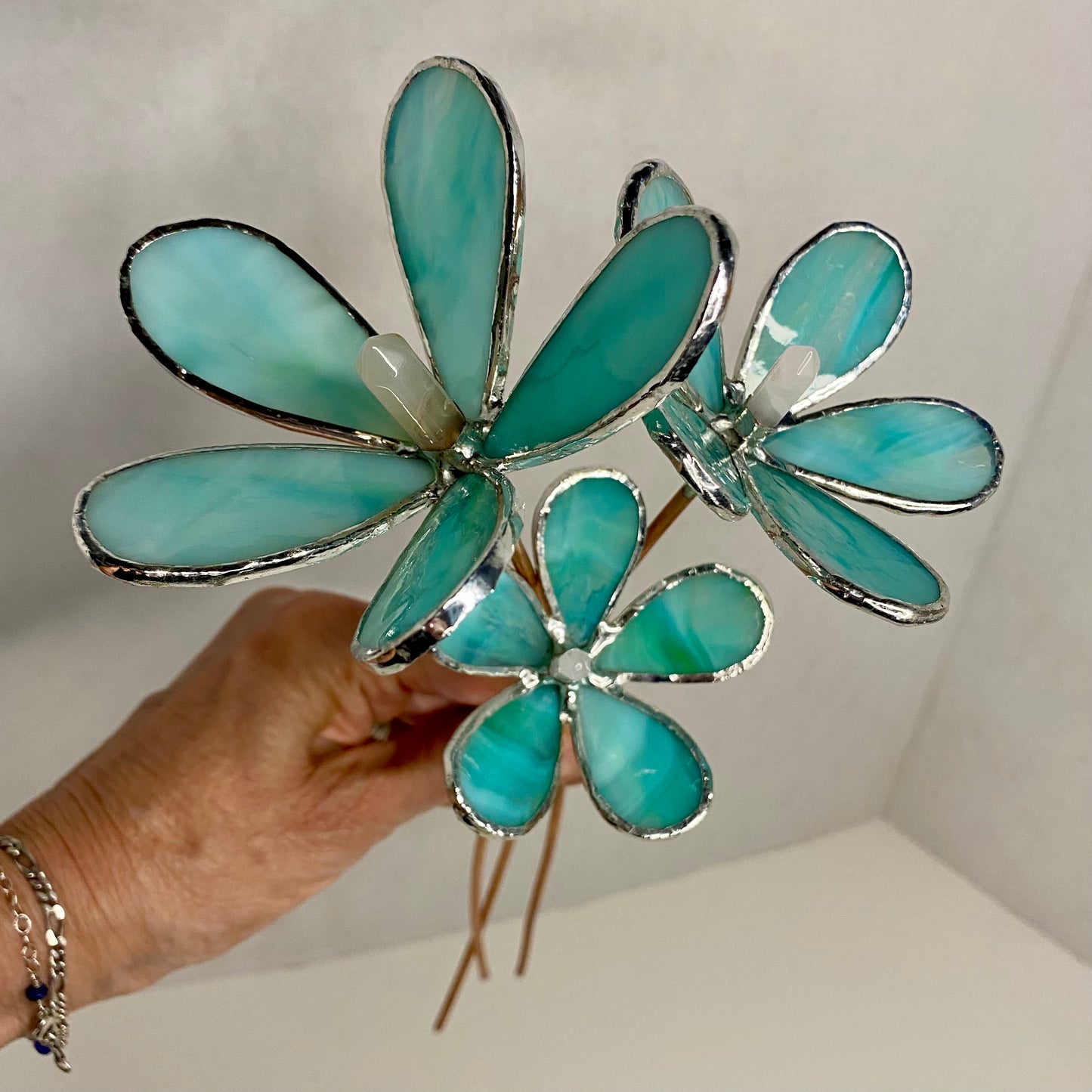 Mini Bouquet, Set of 3 Flowers & 1 Leaf | Stained Glass Flower Bouquet, Glass Flowers with Quartz Crystals on a Stem, Handmade Home Decor, Wedding Bouquet Keepsake, Tabletop Decor