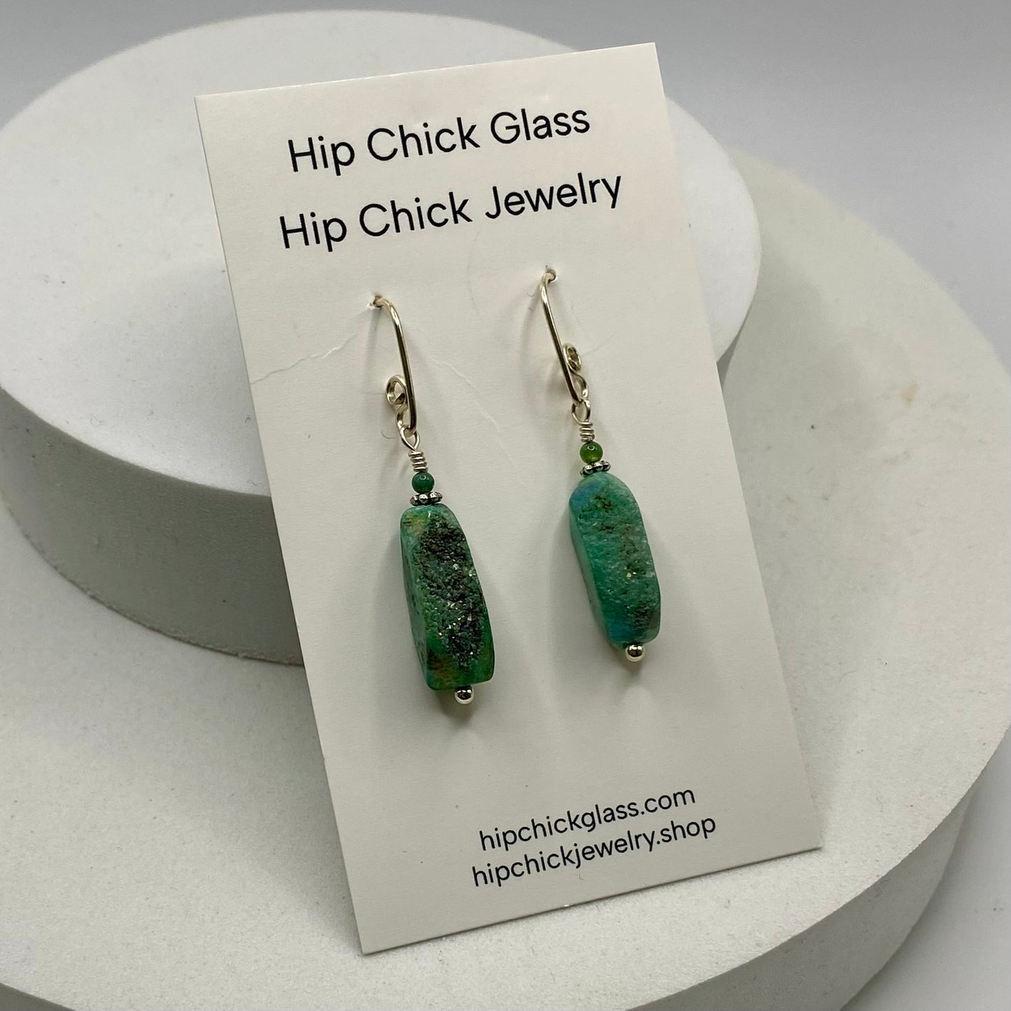 Green Druzy Agate Dangle Earrings by Hip Chick Glass, Sterling Silver Earrings, Handmade Gemstone Jewelry, Gemstone Jewelry Gift