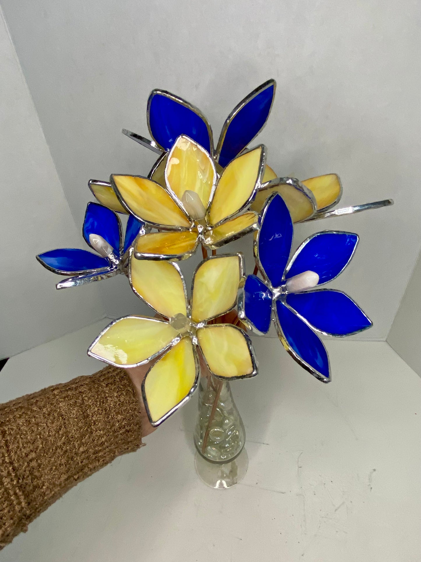 Yellow & Blue Stained Glass Flower Bouquet by Hip Chick Glass, Glass Flowers with Quartz Crystals on a Stem, Handmade Home Decor, Wedding Bouquet Keepsake, Tabletop Decor