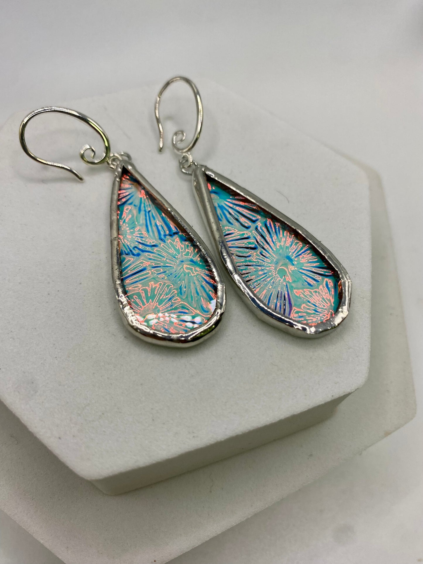 Pink Blue Teardrop Earrings | Stained Glass Earrings by Hip Chick Glass, Stained Glass Dangle Drop Earrings, Stained Glass Earrings
