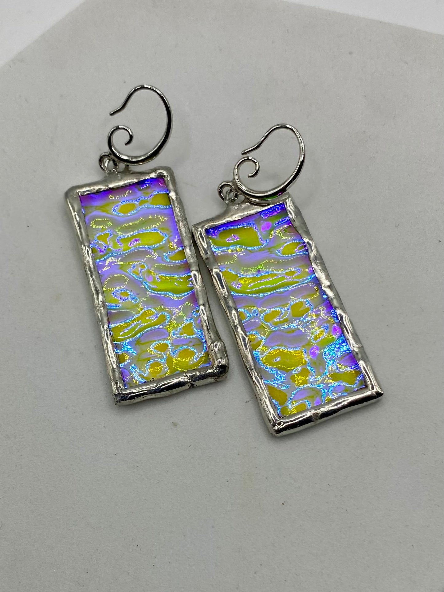 Larger Purple & Clear Wavy Rectangle Earrings | Stained Glass Earrings by Hip Chick Glass, Iridescent Statement Earrings, Geometric Earrings