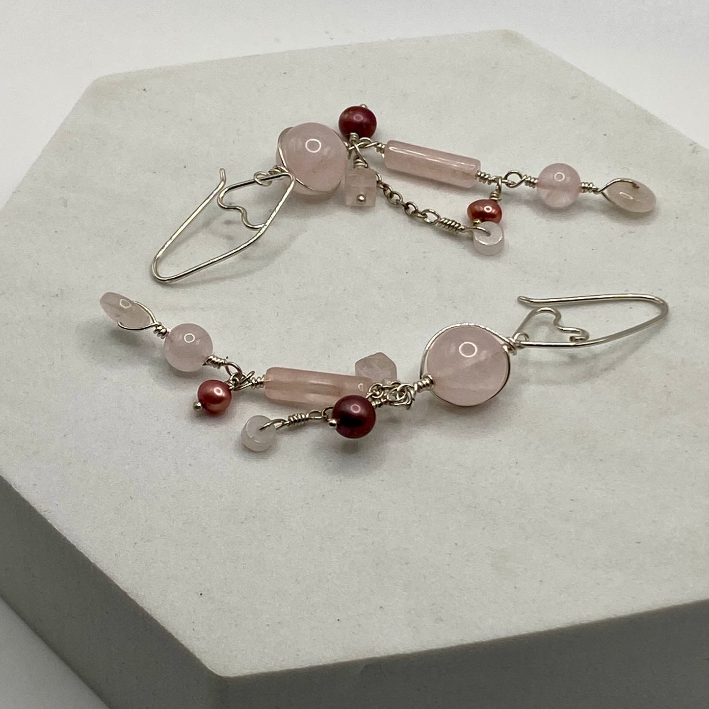 Long Rose Quartz & Pearl Dangle Earrings by Hip Chick Glass, Sterling Silver Earrings, Handmade Gemstone Jewelry, Handmade Jewelry Gift, June Birthstone Earrings