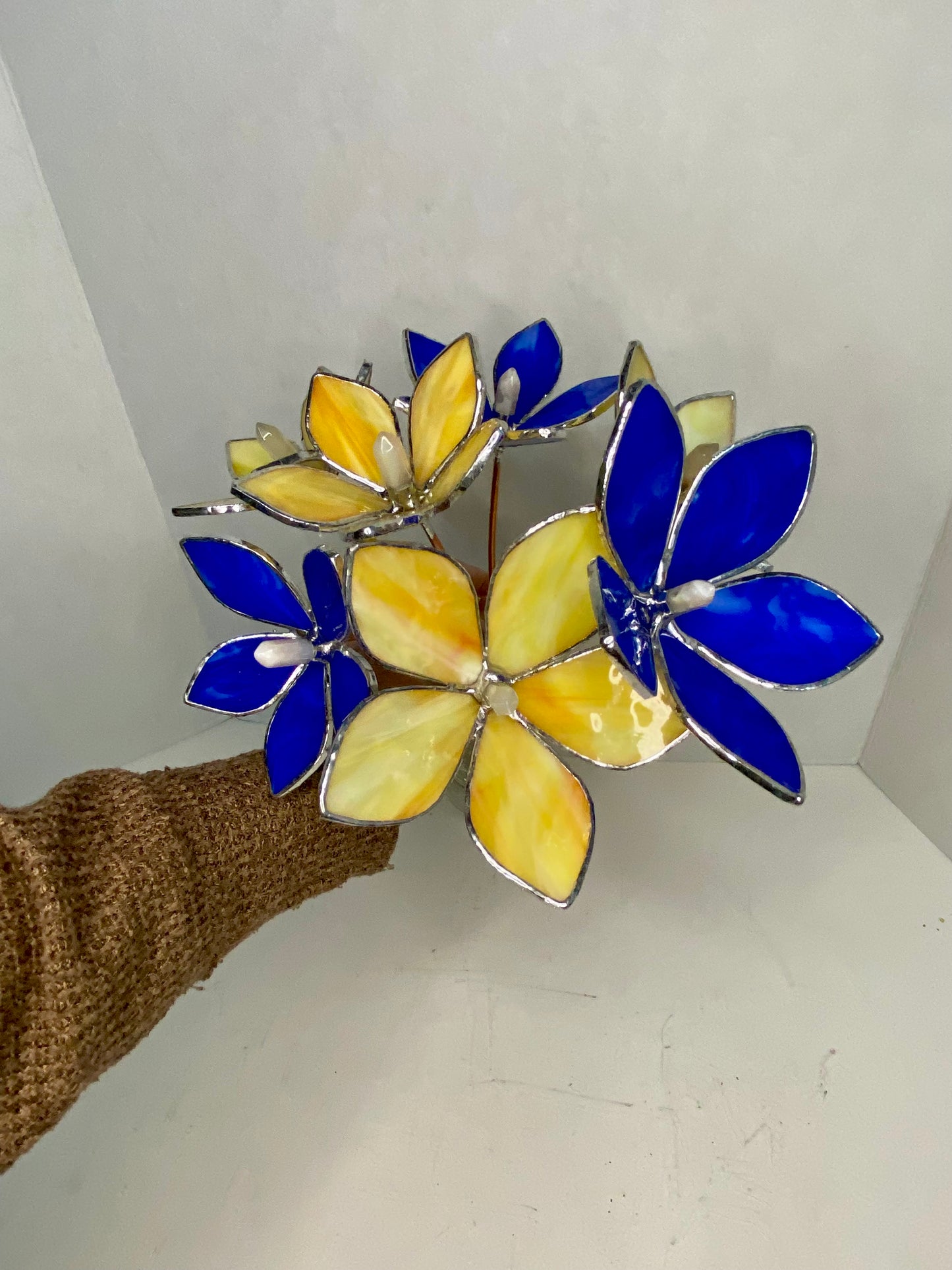 Yellow & Blue Stained Glass Flower Bouquet by Hip Chick Glass, Glass Flowers with Quartz Crystals on a Stem, Handmade Home Decor, Wedding Bouquet Keepsake, Tabletop Decor