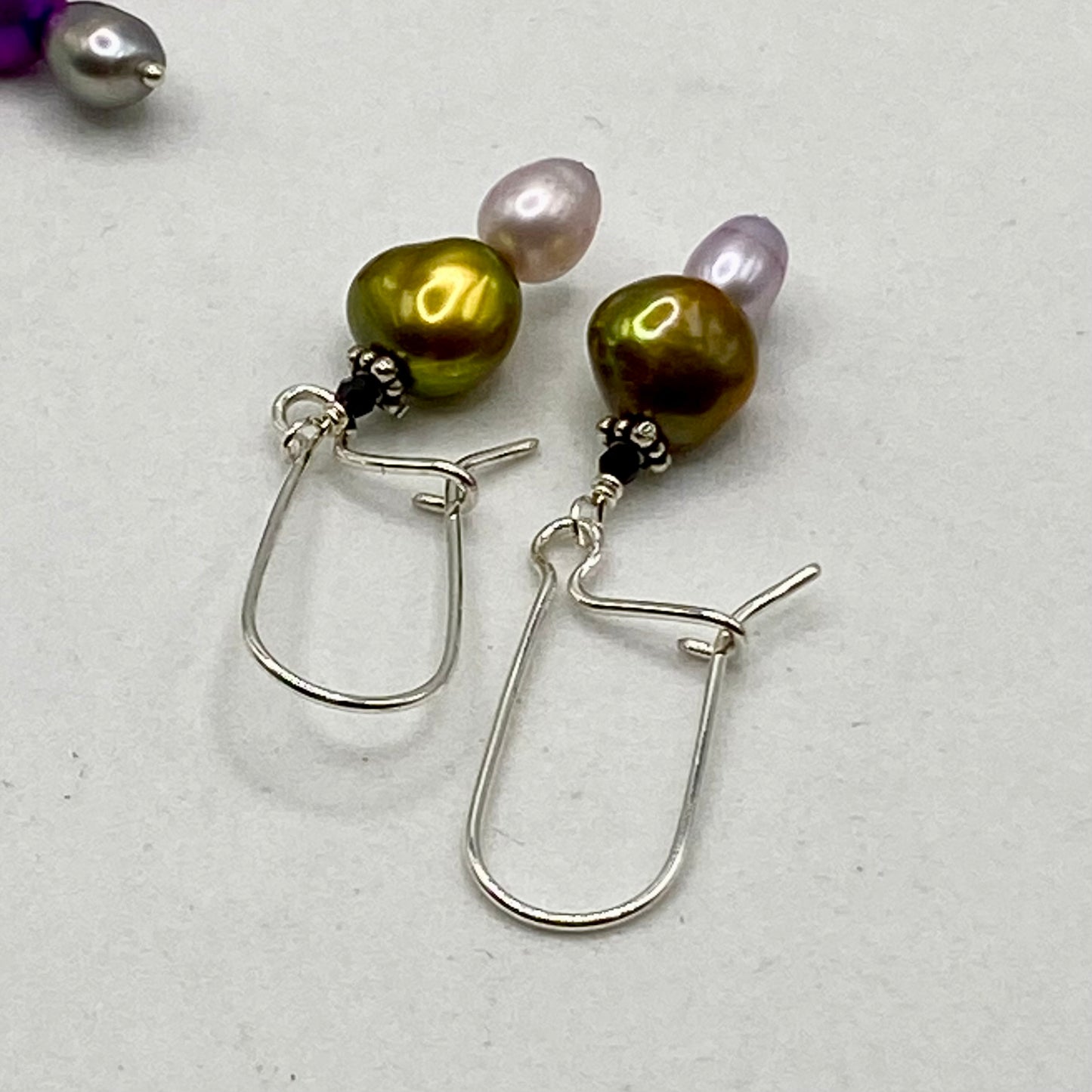 Pearl & Tourmaline Dangle Earrings by Hip Chick Glass, Sterling Silver Earrings, Handmade Gemstone Jewelry, June Birthstone Gift