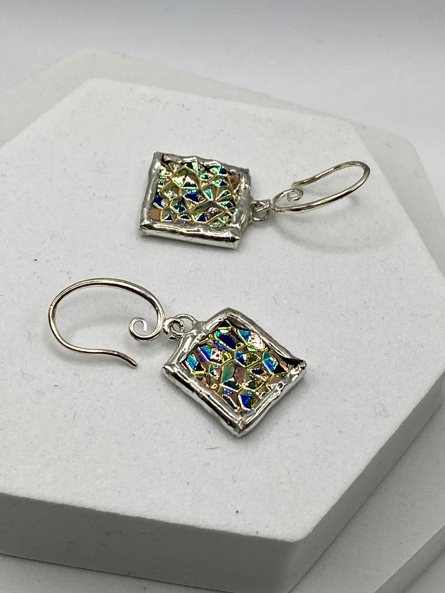 Iridescent Beige Earrings | Stained Glass Earrings by Hip Chick Glass, Stained Glass Dangle Drop Earrings, Stained Glass Earrings