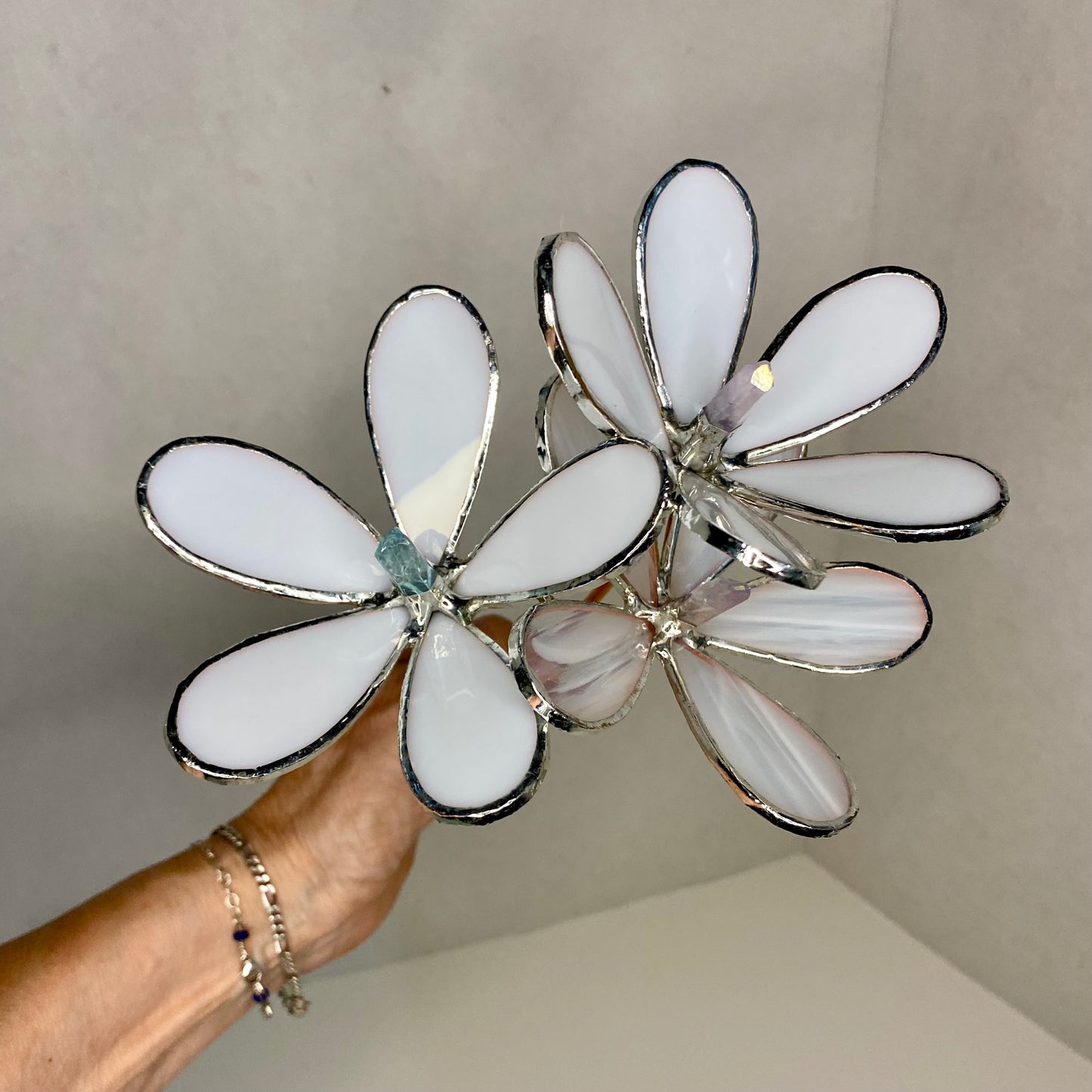 Mini Bouquet, Set of 3 Flowers & 1 Leaf | Stained Glass Flower Bouquet, Glass Flowers with Quartz Crystals on a Stem, Handmade Home Decor, Wedding Bouquet Keepsake, Tabletop Decor