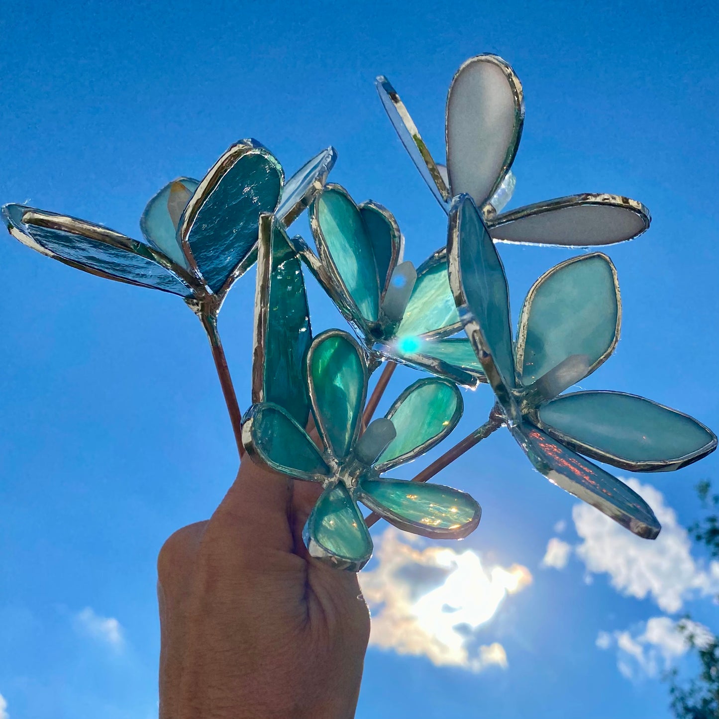 Mini Bouquet, Set of 3 Flowers & 1 Leaf | Stained Glass Flower Bouquet, Glass Flowers with Quartz Crystals on a Stem, Handmade Home Decor, Wedding Bouquet Keepsake, Tabletop Decor