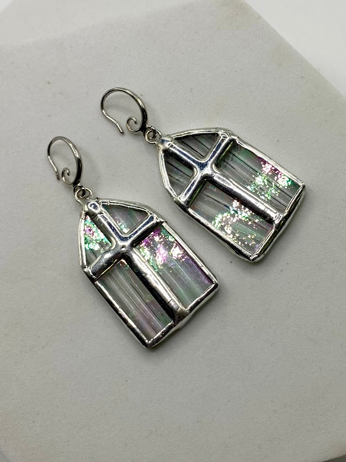 Iridescent Church Window Earrings, Stained Glass Earrings by Hip Chick Glass, Stained Glass Dangle Drop Earrings, Stained Glass Earrings