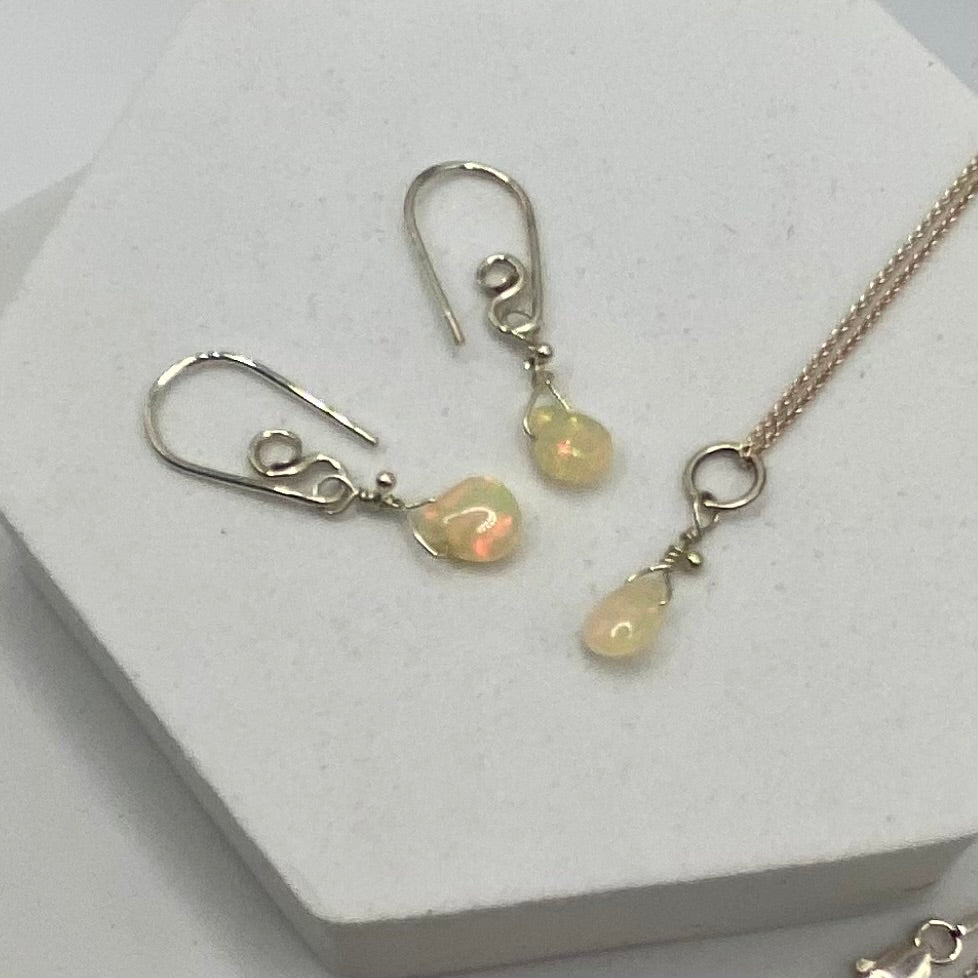 Ethiopian Opal Necklace & Earring Set by Hip Chick Glass, Handmade Silver Jewelry, Dainty Silver Jewelry Set, October Birthstone Gift, Handmade Minimalist Jewelry