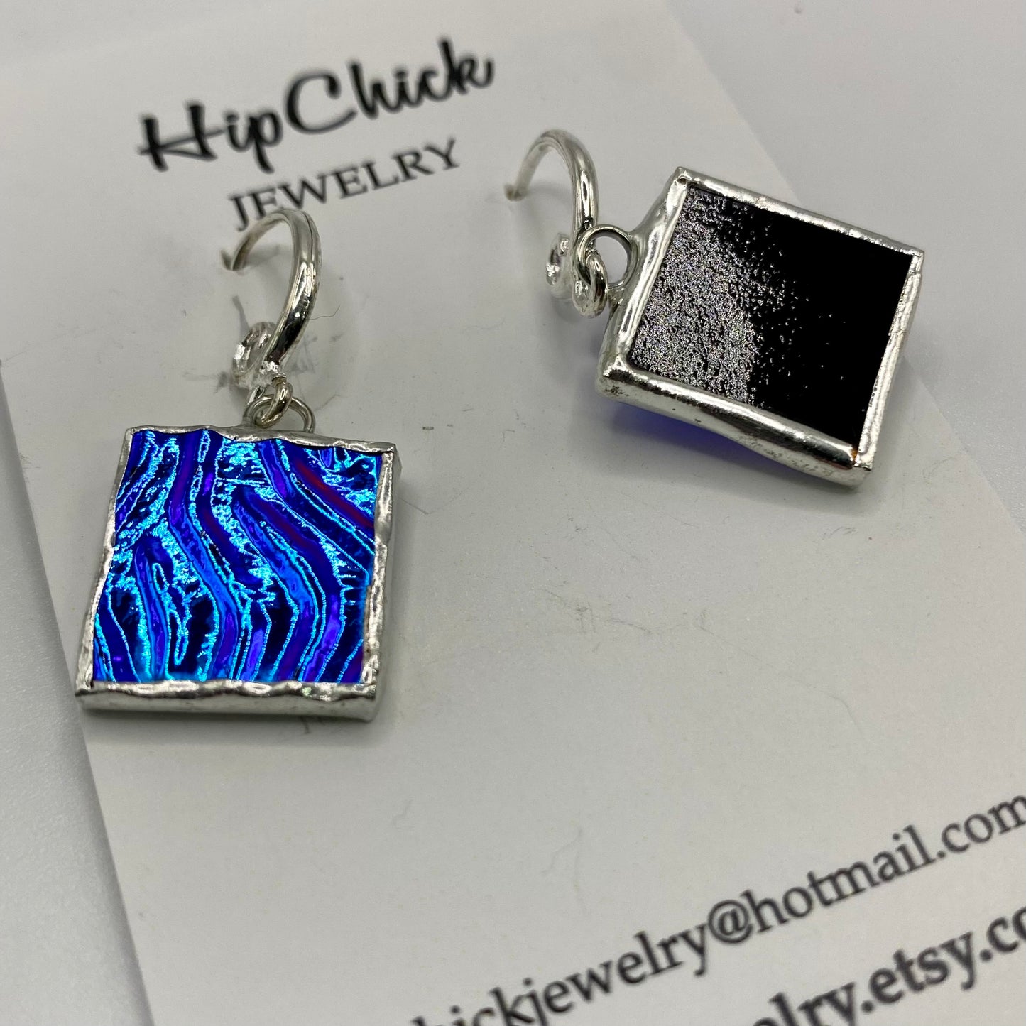 Blue Square Earrings | Stained Glass Earrings by Hip Chick Glass, Stained Glass Dangle Drop Earrings, Stained Glass Earrings