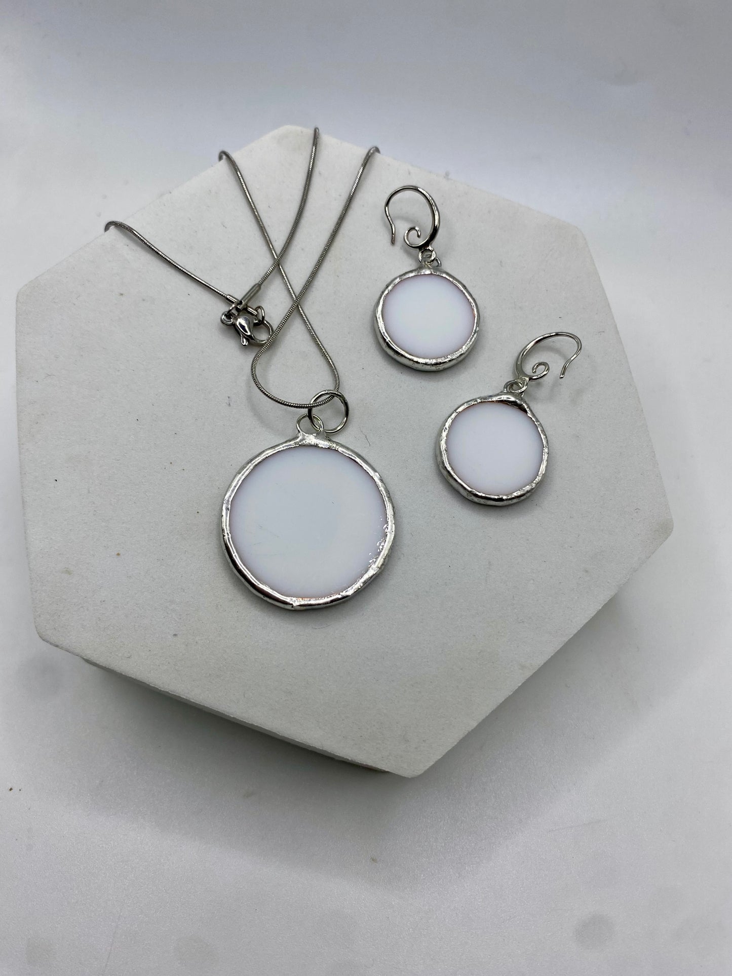 CUSTOM TRACY S | White Circles Stained Glass Jewelry Set by Hip Chick Glass, Stained Glass Necklace Stained Glass Earrings