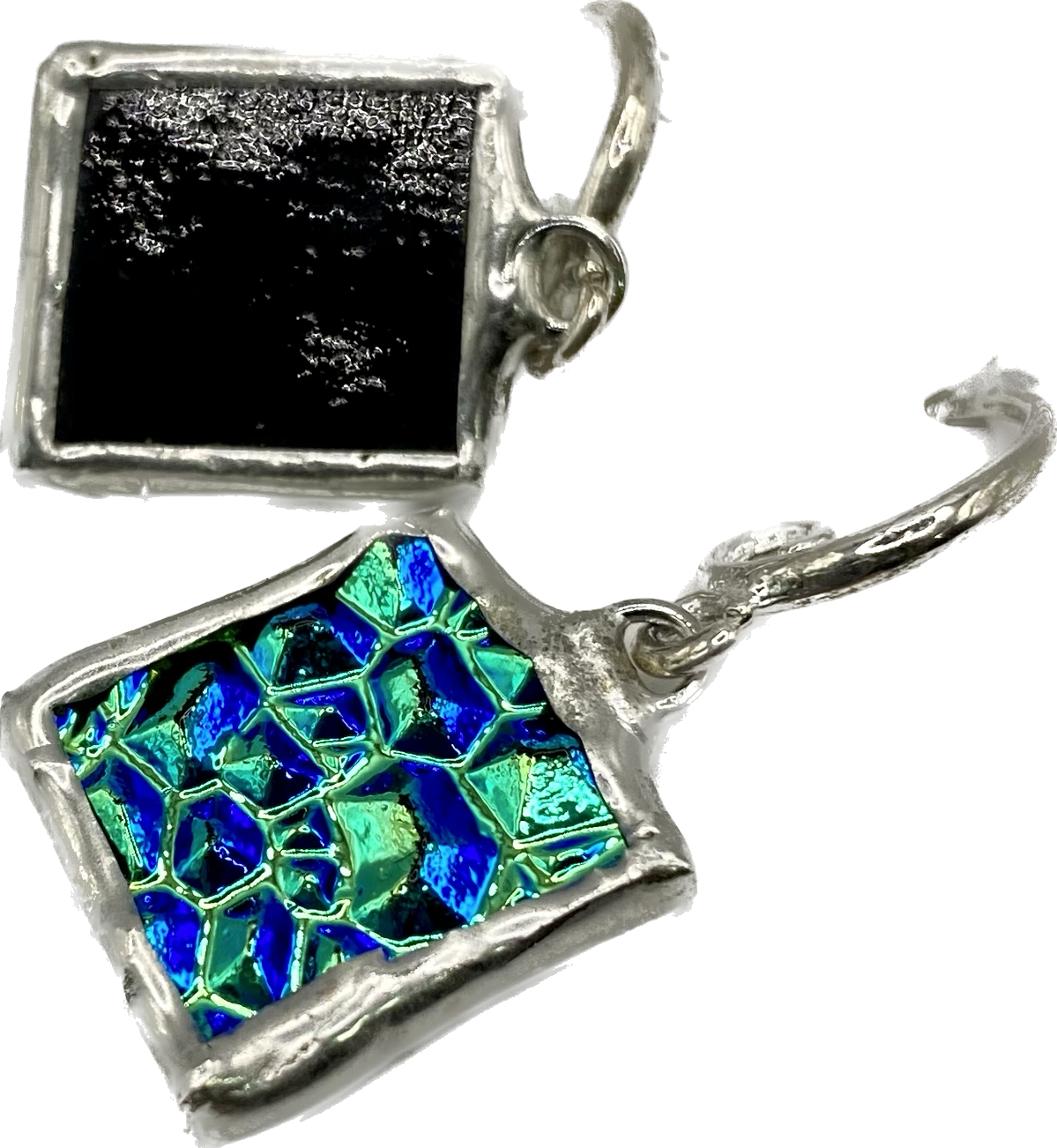 Teal Square Earrings | Stained Glass Earrings by Hip Chick Glass, Stained Glass Dangle Drop Earrings, Stained Glass Earrings