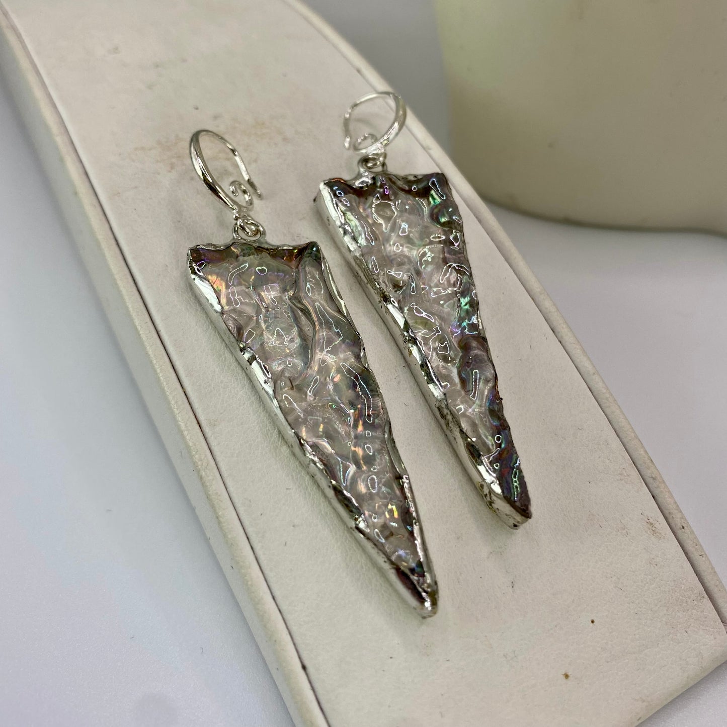 Iridescent Triangle Earrings | Stained Glass Earrings by Hip Chick Glass, Stained Glass Dangle Drop Earrings, Stained Glass Earrings