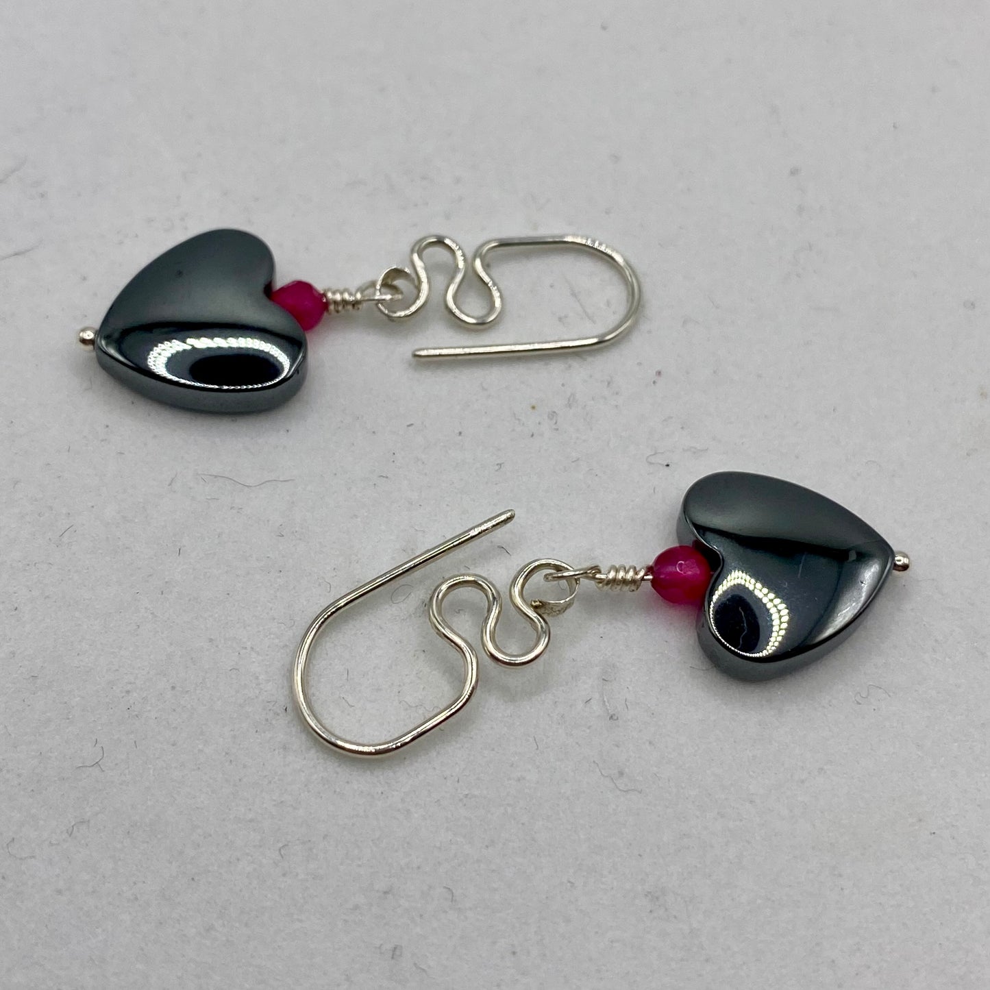 Hematite Heart Dangle Earrings by Hip Chick Glass, Sterling Silver Earrings, Handmade Gemstone Jewelry, Handmade Jewelry Gift, Birthstone Earrings