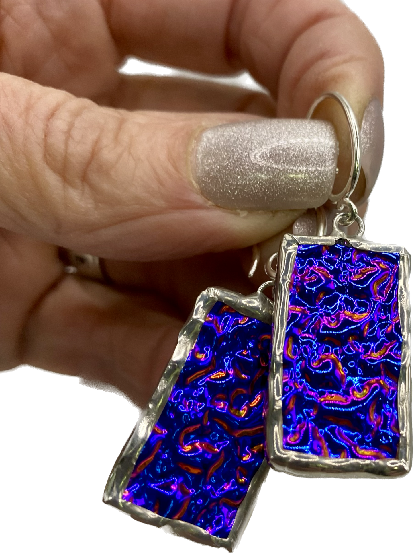 Blue Purple Rectangle Earrings | Stained Glass Earrings by Hip Chick Glass, Stained Glass Dangle Drop Earrings, Stained Glass Earrings