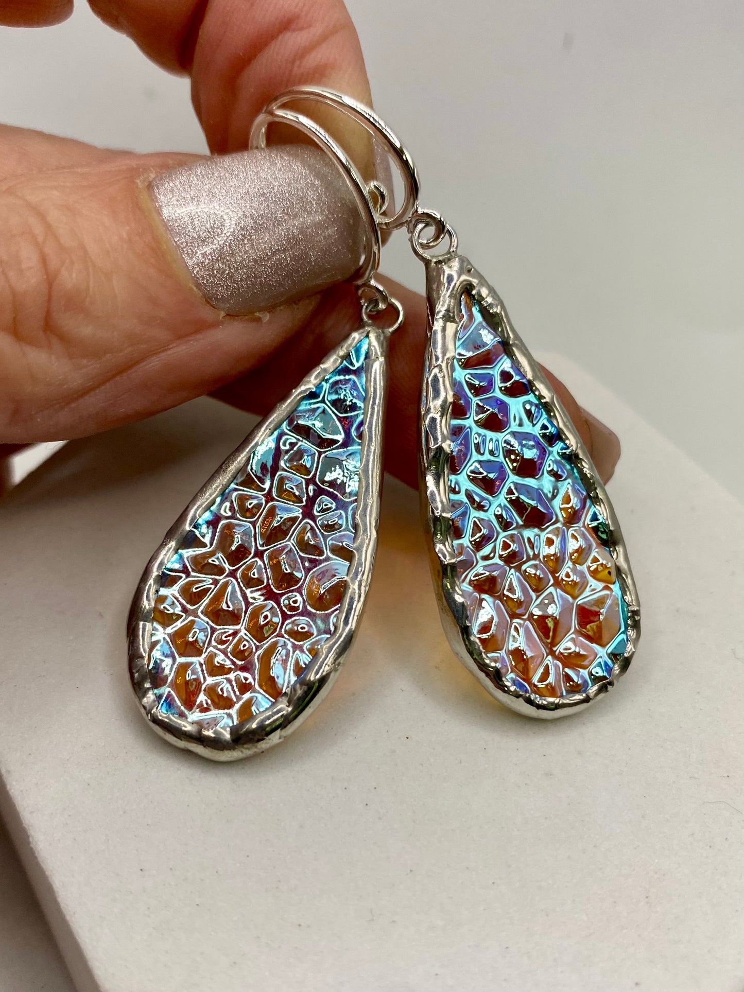Crinkle Teardrop Earrings | Stained Glass Earrings by Hip Chick Glass, Stained Glass Dangle Drop Earrings, Stained Glass Earrings