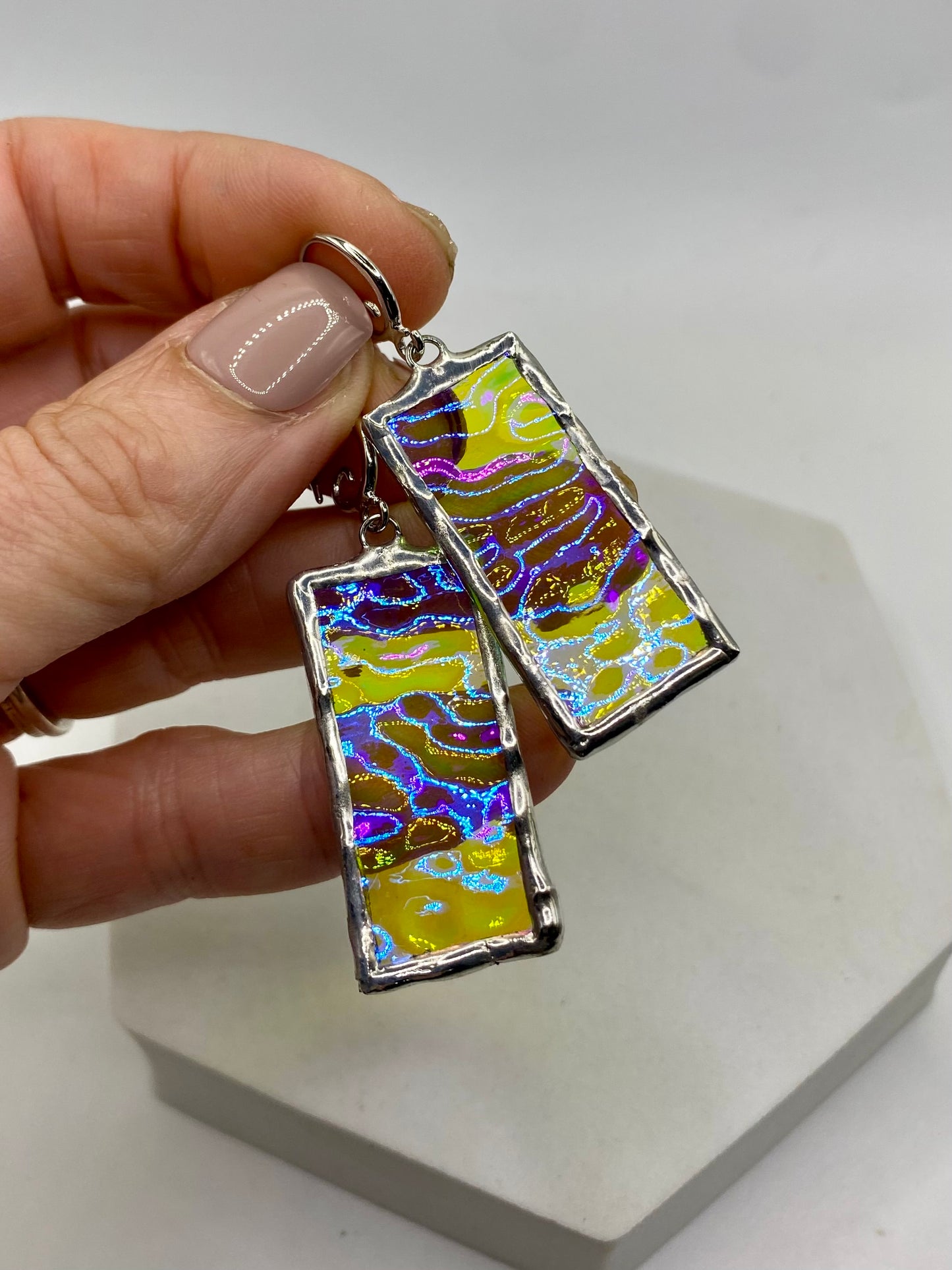Larger Purple & Clear Wavy Rectangle Earrings | Stained Glass Earrings by Hip Chick Glass, Iridescent Statement Earrings, Geometric Earrings