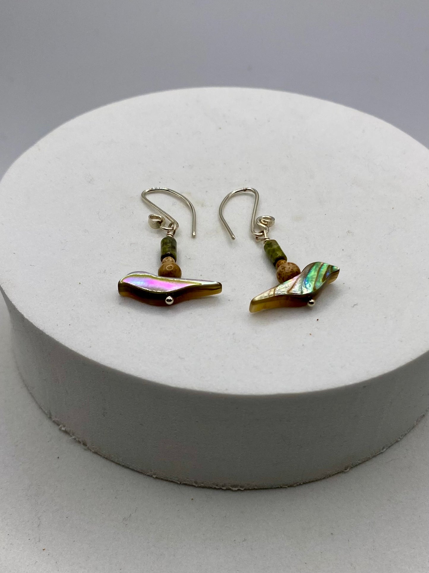 Abalone Bird, Picture Jasper, Unakite Earrings by Hip Chick Glass, Handmade Sterling Silver Earrings, Silver Gemstone Jewelry