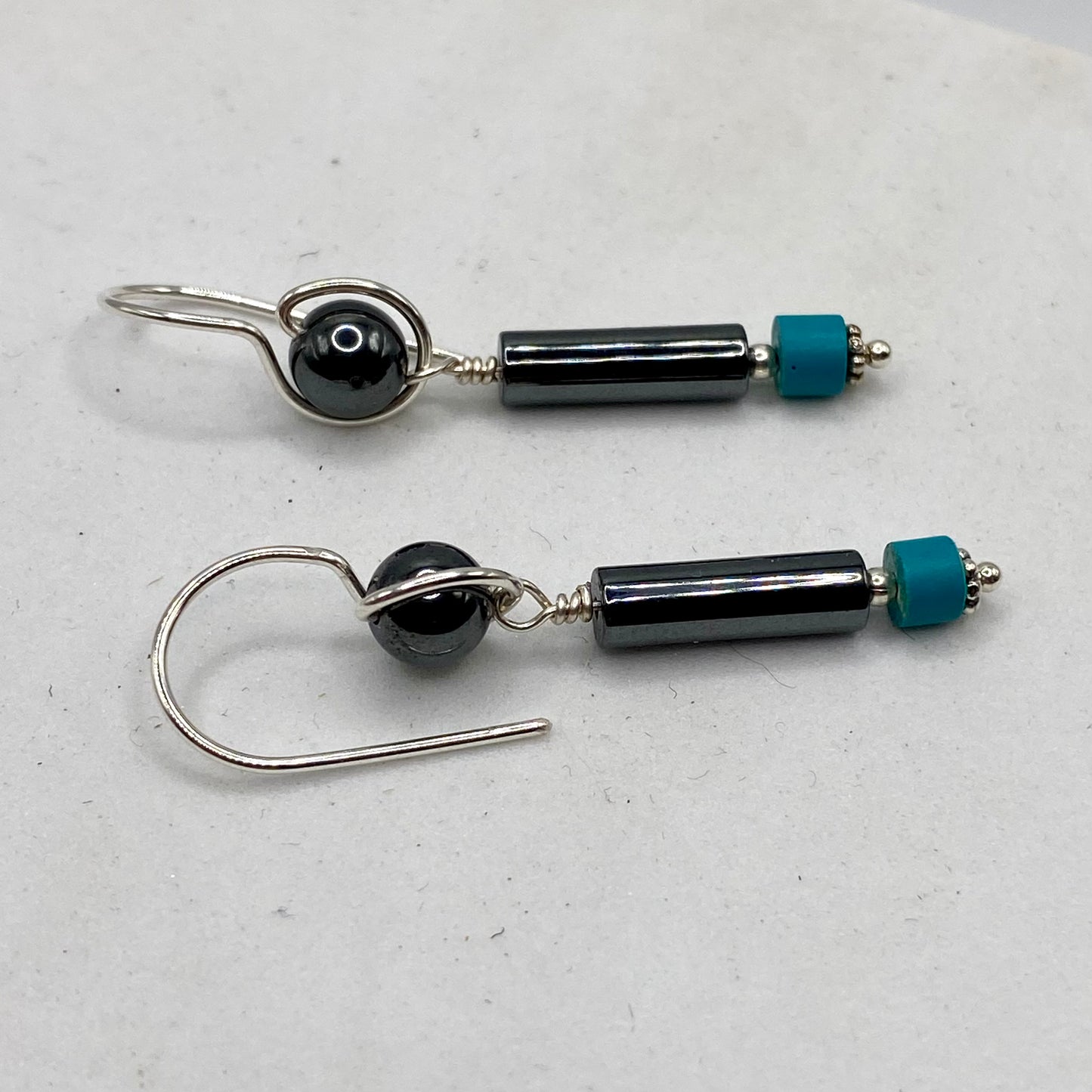 Hematite & Chalk Turquoise Dangle Earrings by Hip Chick Glass, Sterling Silver Earrings, Handmade Gemstone Jewelry, Handmade Jewelry Gift, Birthstone Earrings