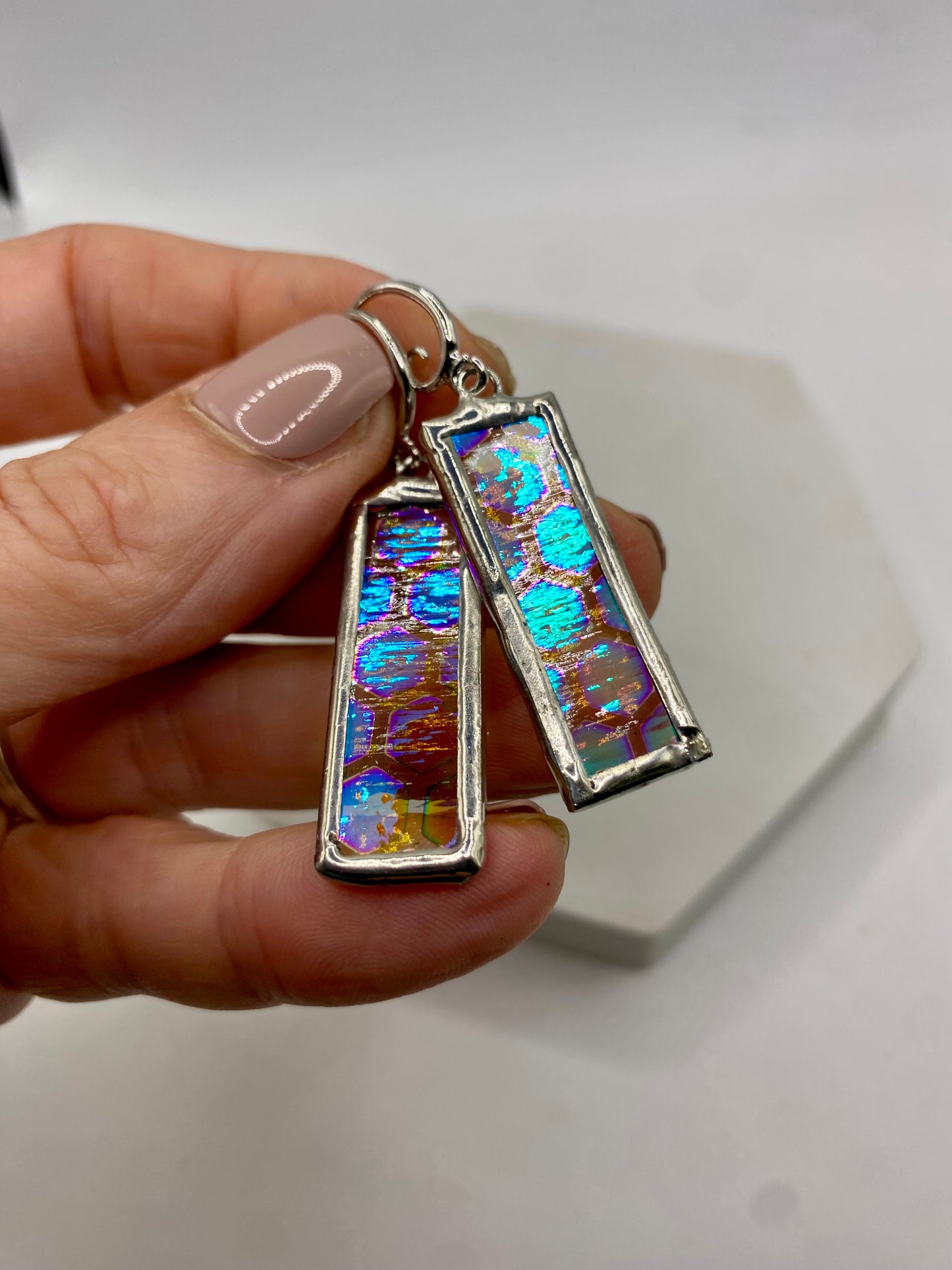 Honeycomb Rectangle Earrings | Stained Glass Earrings by Hip Chick Glass, Iridescent Statement Earrings, Geometric Earrings
