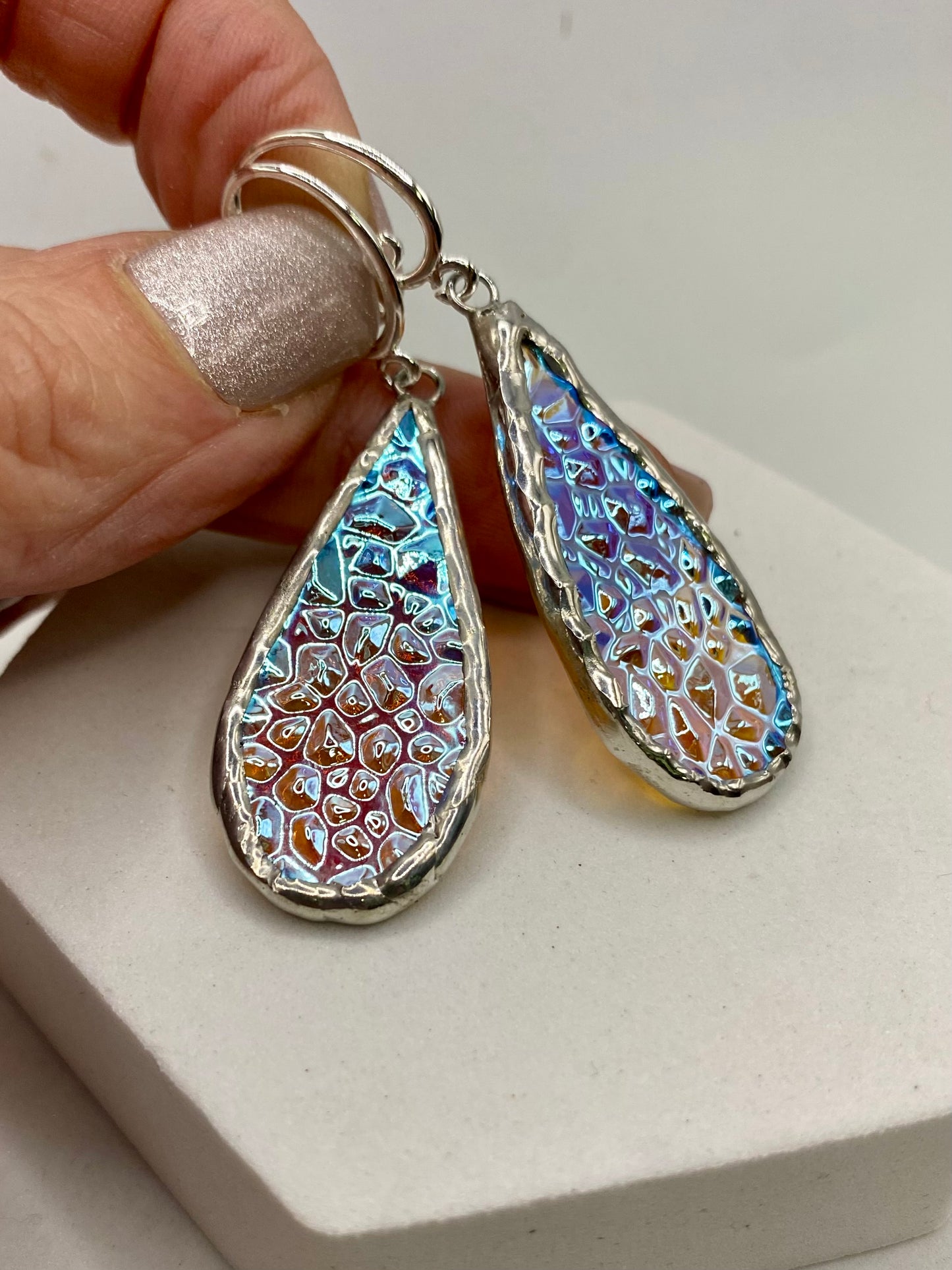 Crinkle Teardrop Earrings | Stained Glass Earrings by Hip Chick Glass, Stained Glass Dangle Drop Earrings, Stained Glass Earrings