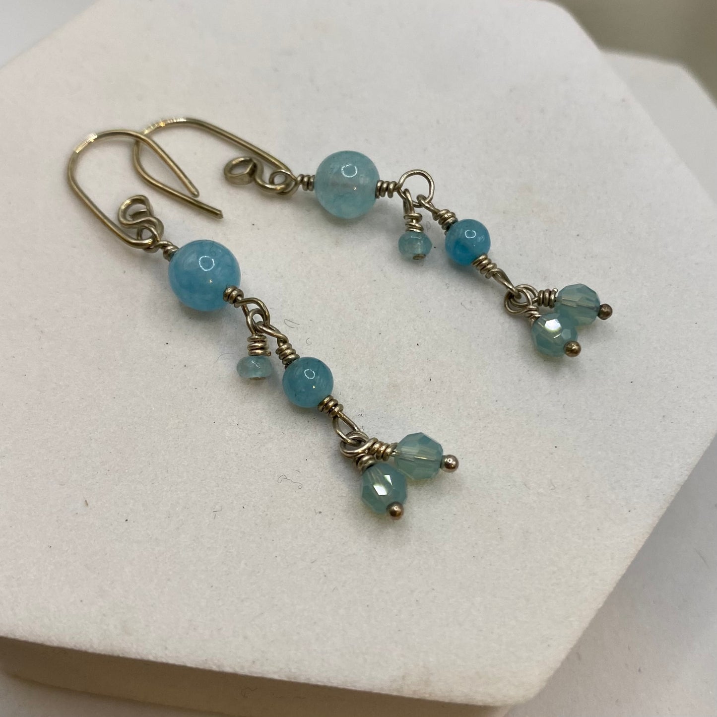 Aquamarine, Angelite & Swarovski Crystal Earrings by Hip Chick Glass, Sterling Silver Wire Wrap Earrings, Handmade Aquamarine Jewelry, March Birthstone Earrings