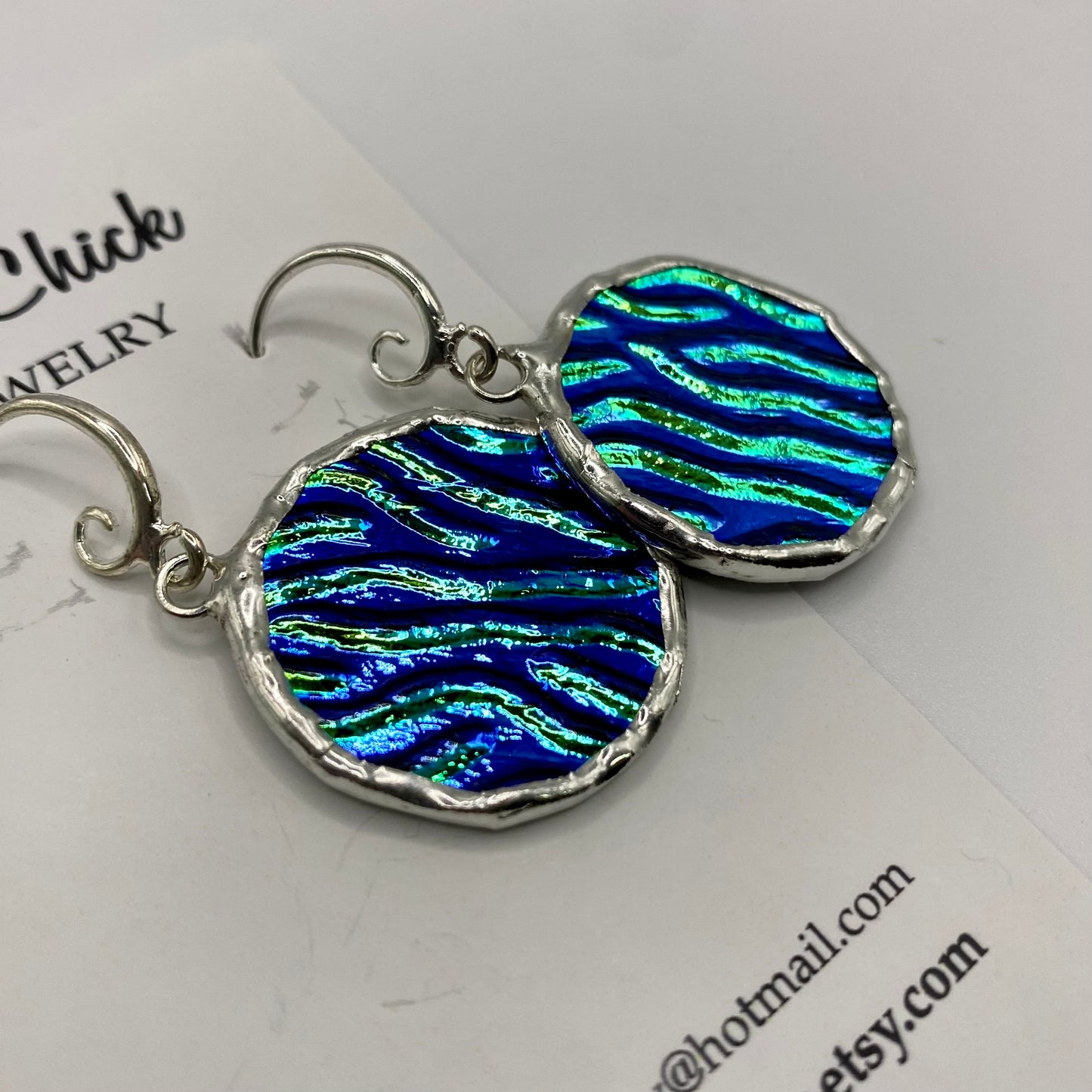 Blue Circular Earrings | Stained Glass Earrings by Hip Chick Glass, Stained Glass Dangle Drop Earrings, Stained Glass Earrings