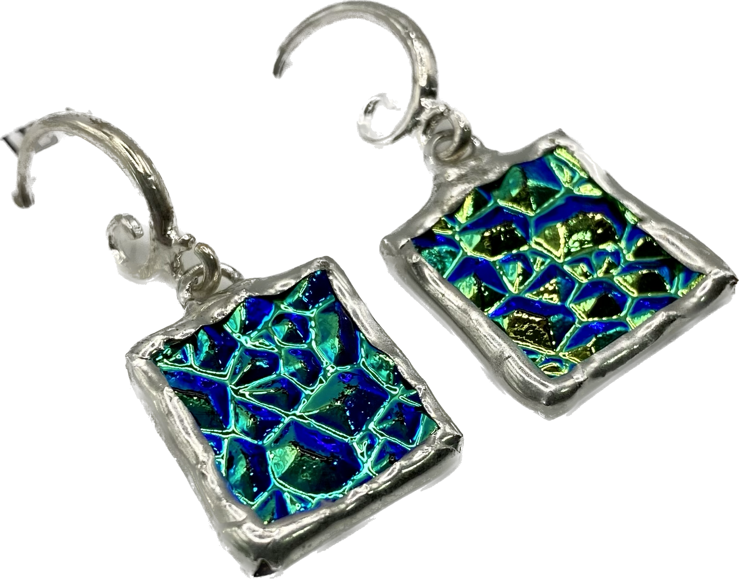 Teal Square Earrings | Stained Glass Earrings by Hip Chick Glass, Stained Glass Dangle Drop Earrings, Stained Glass Earrings