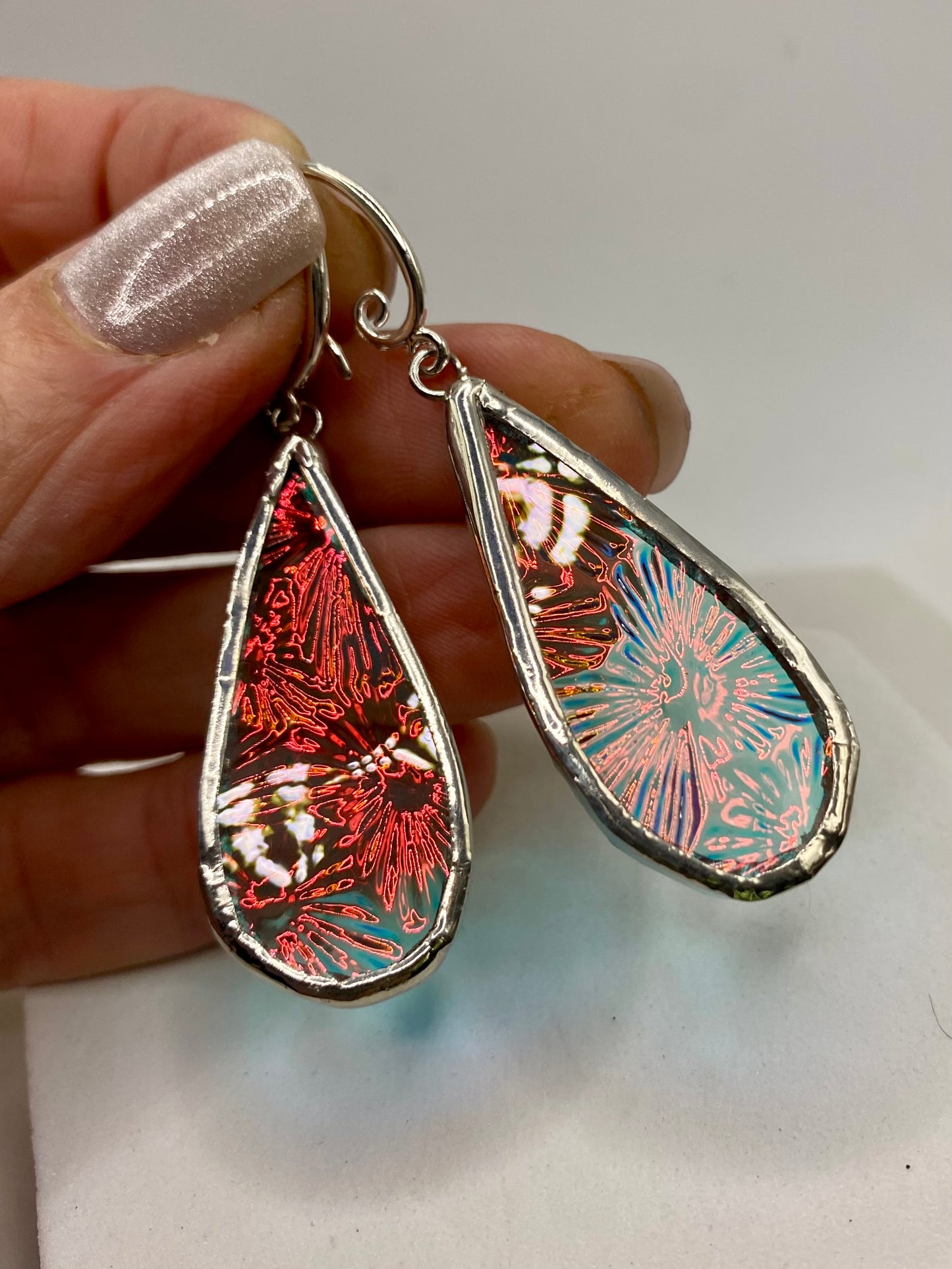 Pink Blue Teardrop Earrings | Stained Glass Earrings by Hip Chick Glass, Stained Glass Dangle Drop Earrings, Stained Glass Earrings